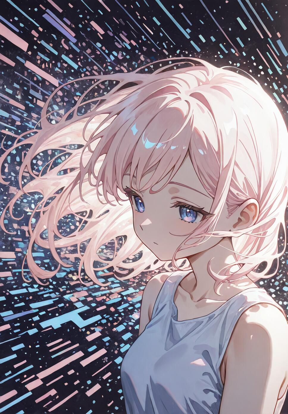 An anime-style girl with wavy, light pink hair and blue eyes looks thoughtfully to the side. She wears a simple white tank top, set against a dark, abstract background with glowing pink and blue digital glitch patterns.