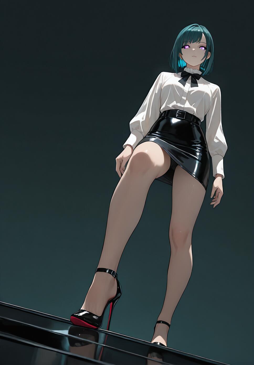 A full-body, low-angle digital art piece of an anime woman with short teal hair and glowing purple eyes. She is wearing a white blouse, a black leather mini skirt, and black stilettos, looking down with a dominant expression.