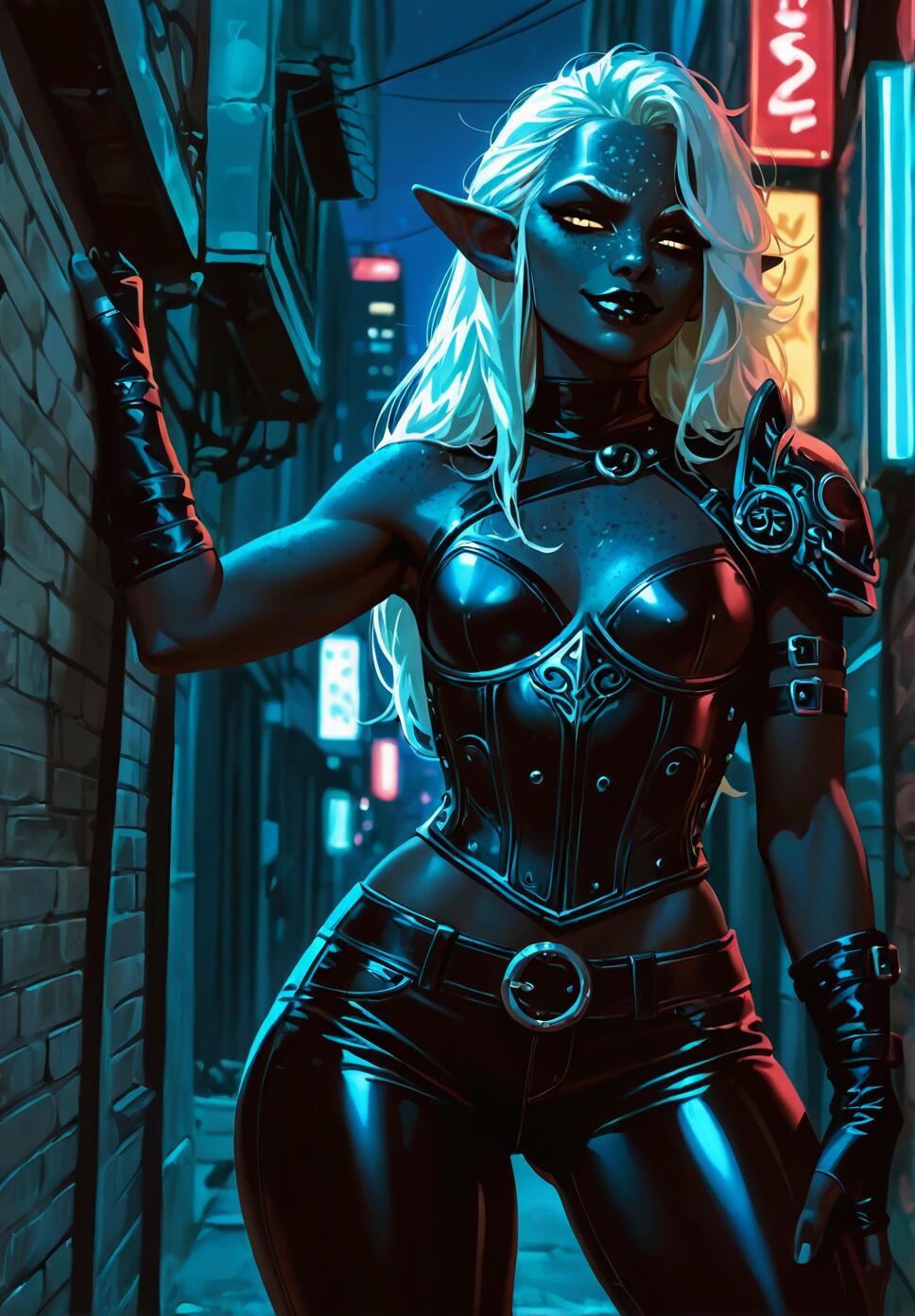 A female drow (dark elf) with long white hair, dark skin, and glowing eyes smirks in a dark city alley at night. She wears tight black leather armor and pants, leaning against a brick wall illuminated by blue and red neon lights.