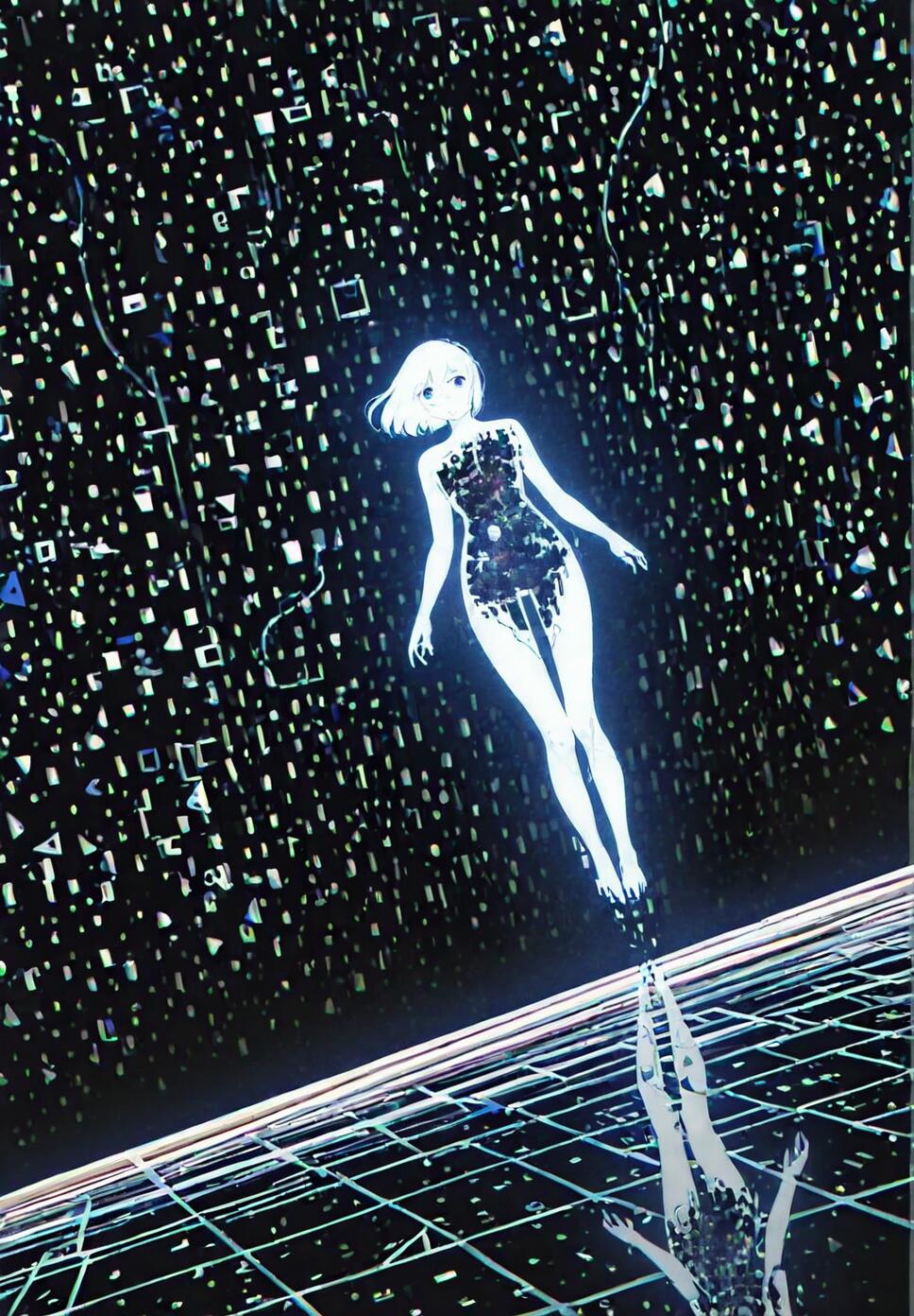 An anime-style girl with short white hair floating in a dark, digital space filled with glowing fragments. Her glowing body is partially disintegrating, and her distorted reflection is visible on a grid-like surface below.