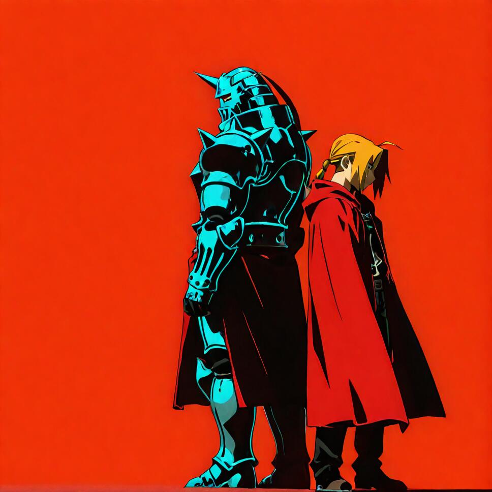 An illustration of Edward and Alphonse Elric from Fullmetal Alchemist standing back-to-back against a bright red background. Alphonse is on the left in a large suit of teal-colored armor. Edward is on the right, smaller in stature, with blonde hair and a long red coat.