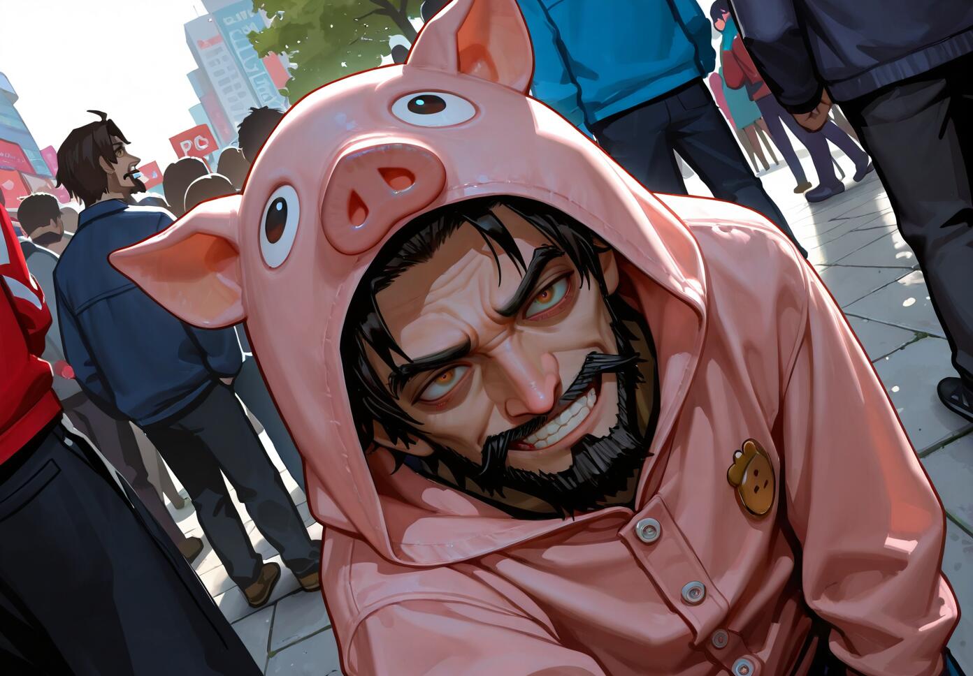 A digital illustration of the character Edward Teach (Blackbeard) from Fate/Grand Order, a man with a dark beard and mustache, grinning menacingly at the camera while wearing a pink pig costume hoodie in a crowded city street.