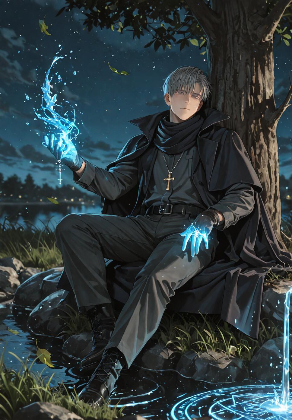 Full-body illustration of the anime character Eins from The Alchemist Code. He is a young man with silver hair, sitting by a river at night, leaning against a tree. He is wearing a dark priest-like outfit and manipulating blue water magic with his glowing hands. A glowing blue magic circle is in the water at his feet.
