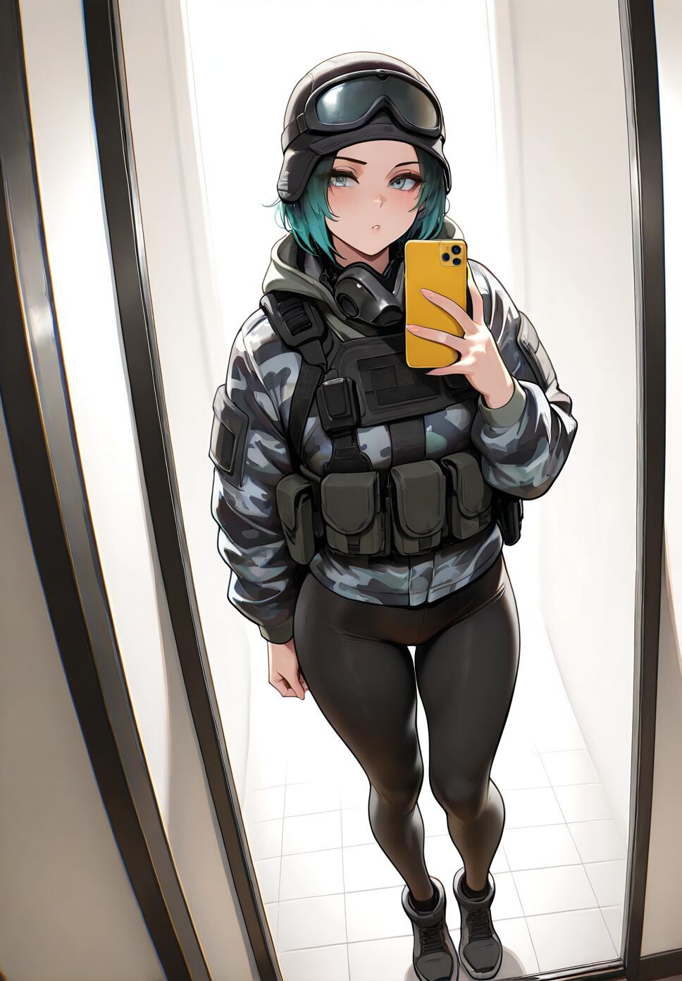 An anime-style illustration of Ela from Rainbow Six Siege taking a mirror selfie. She has teal hair and is wearing a camouflage jacket, tactical vest, helmet with goggles, and black leggings while holding a yellow smartphone.