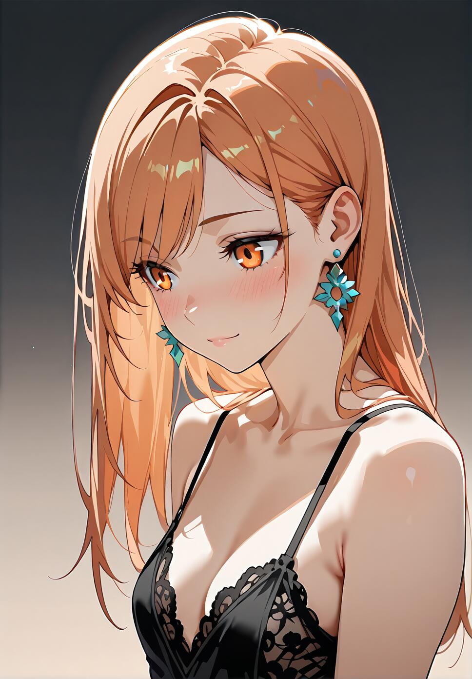 A digital illustration of a beautiful anime-style woman with long ginger hair and orange eyes. She is wearing a black lace camisole and large turquoise earrings, looking down with a soft, blushing smile.