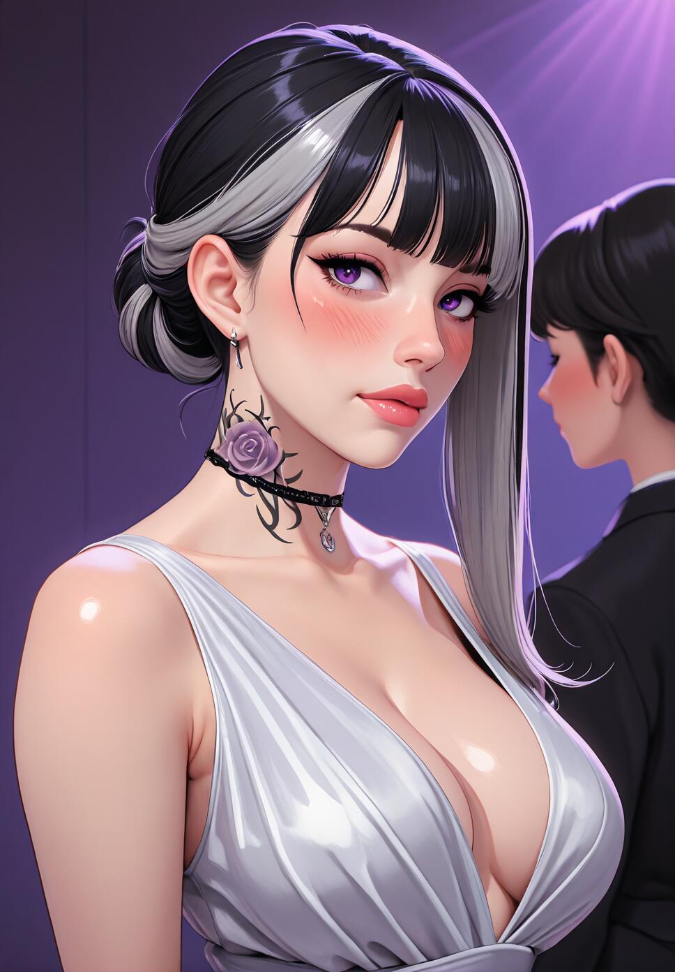An anime-style illustration of a beautiful woman with black and silver hair, purple eyes, and a purple rose tattoo on her neck. She is wearing an elegant silver dress and a black choker, looking towards the viewer with a calm expression.