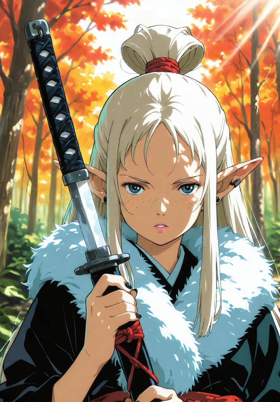 A close-up portrait of a female elf with long platinum blonde hair and blue eyes, holding a katana sword in an autumn forest. She is wearing a black kimono with a fur scarf and has a determined expression.