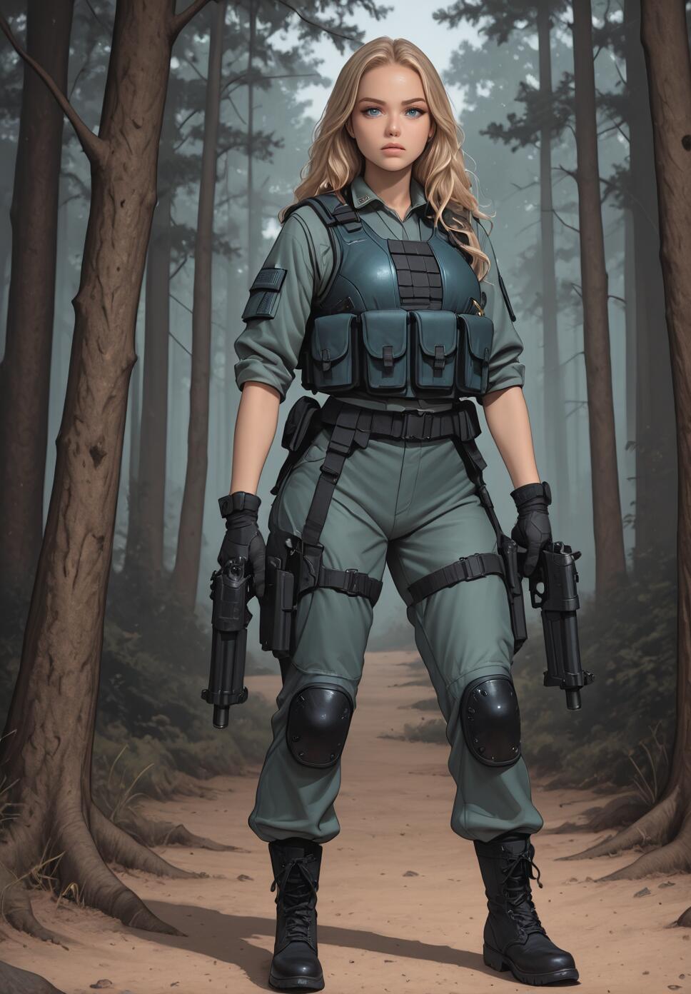 A full-body illustration of a young blonde woman in a blue-green tactical uniform, standing on a forest path while holding two pistols.