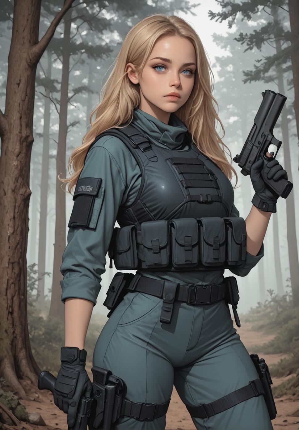 A digital illustration of a young woman with blonde hair and blue eyes wearing a full tactical uniform and body armor, holding a pistol while standing on a path in a foggy forest.