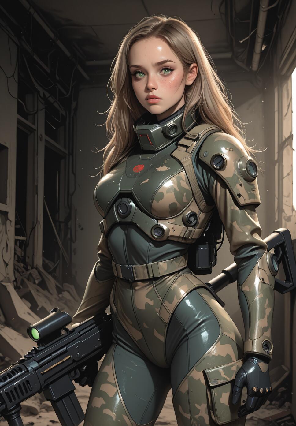 A young woman with blonde hair and green eyes in a futuristic camouflage exosuit holds a large rifle while standing in a ruined industrial building.