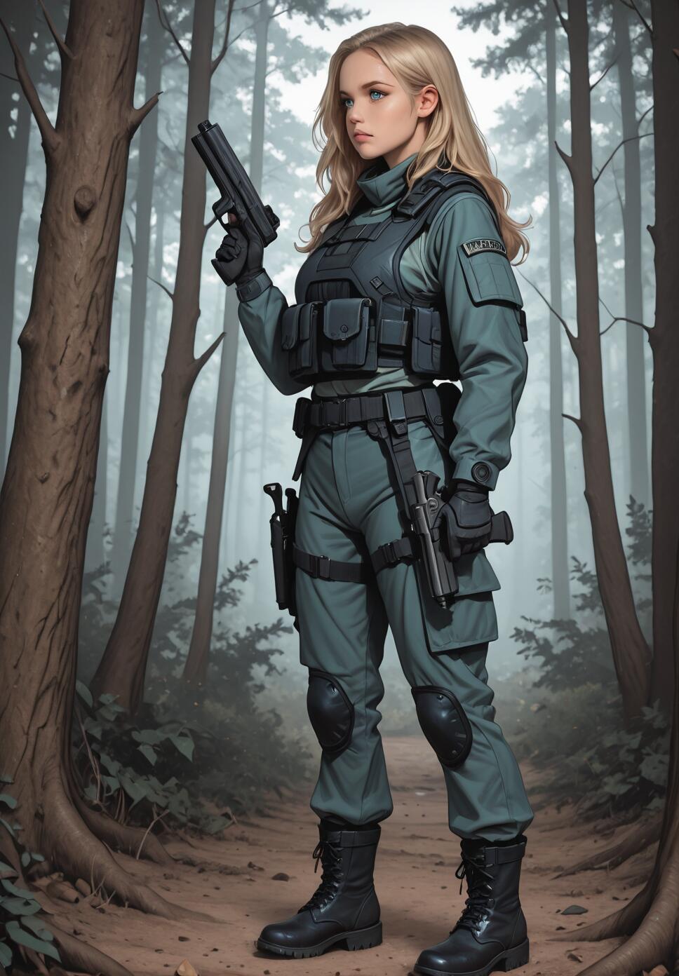 A full-body illustration of a blonde woman in a green-blue tactical uniform and body armor, holding two pistols while standing on a path in a foggy forest.