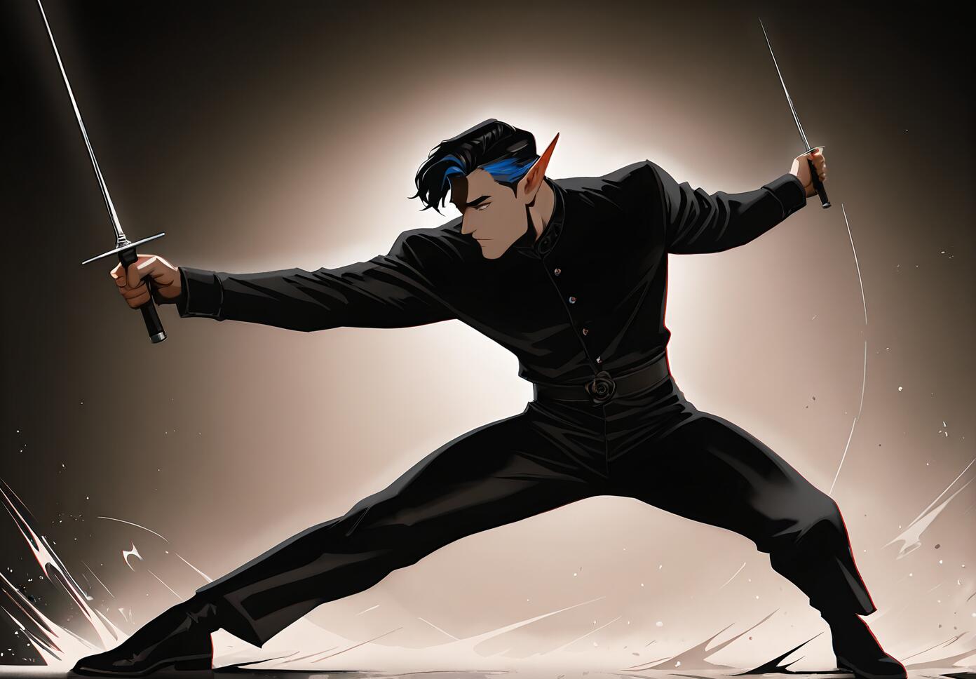 An anime-style male elf with black hair, a blue streak, and pointed ears, dressed in all black. He is in a low, wide battle stance, holding a sword in each hand, ready to fight.