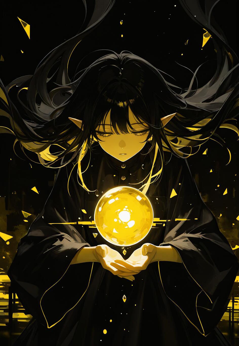 An anime-style elf girl with long black hair and pointy ears, wearing a black robe, holds a glowing yellow orb between her hands against a dark background with yellow light effects.