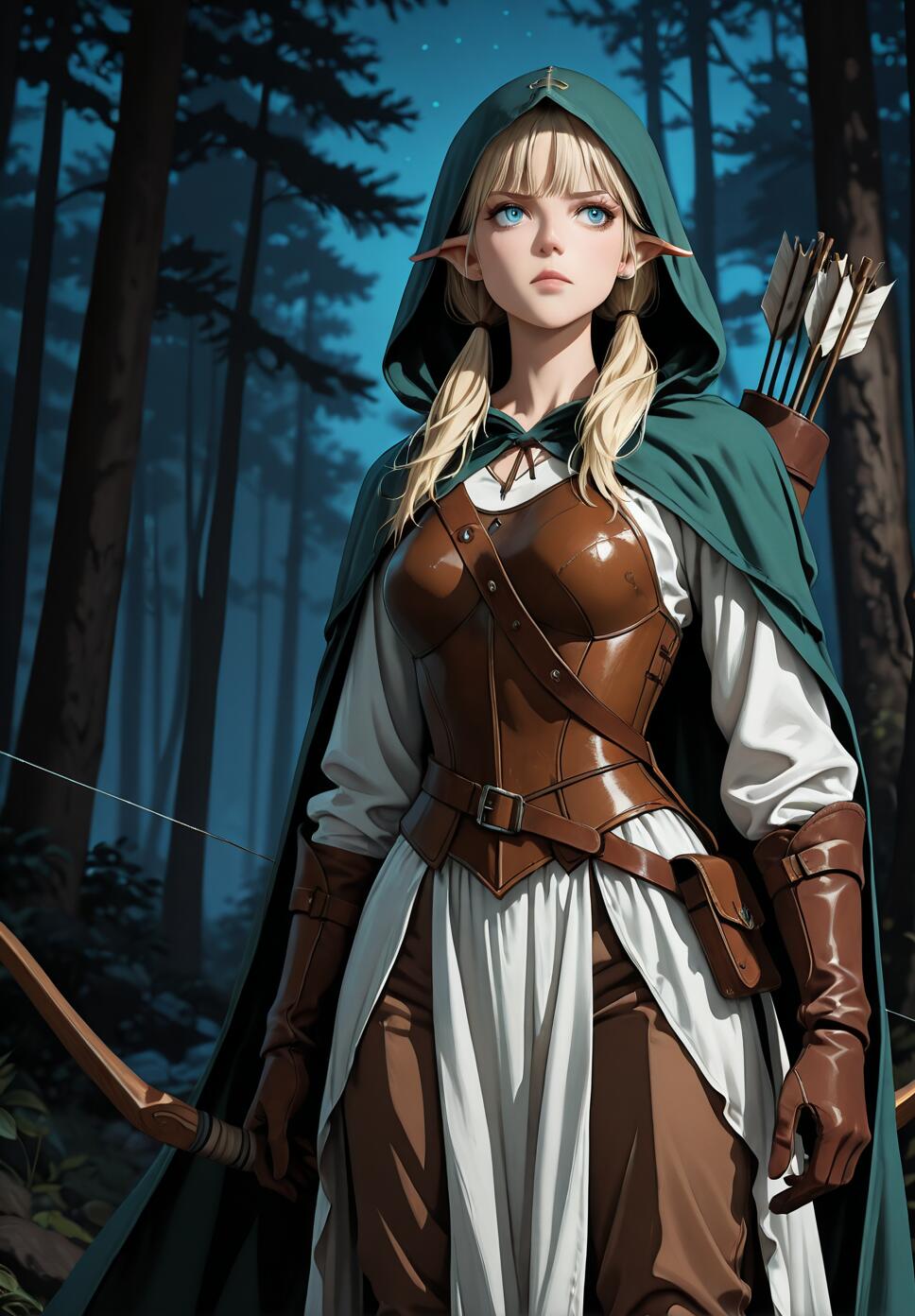 A full-length illustration of a female elf archer with blonde hair and blue eyes, wearing a green hooded cloak and brown leather armor, standing in a dark forest at night holding a bow.