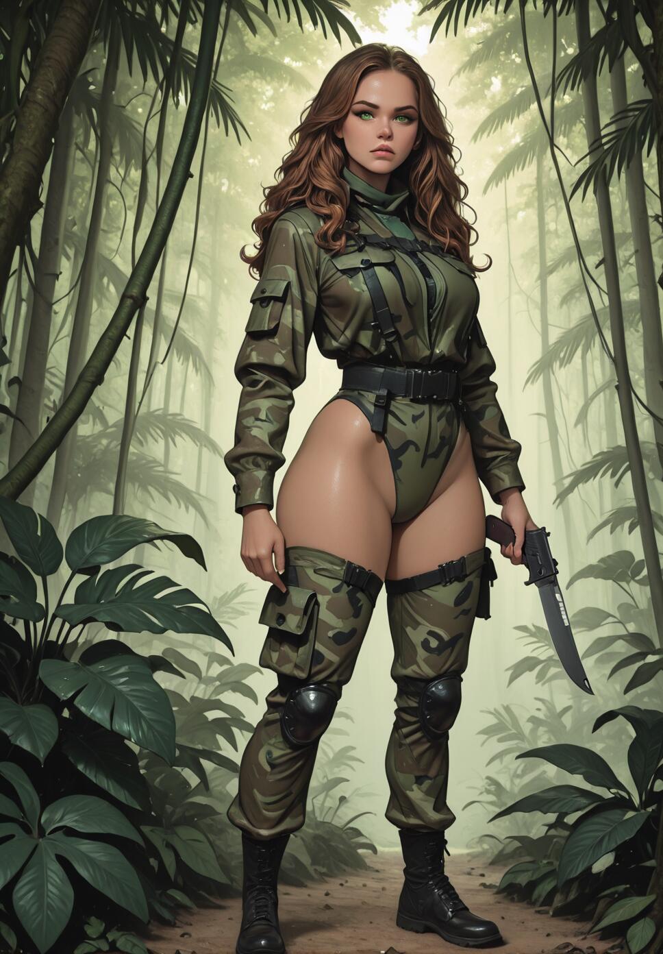 A full-body illustration of a woman with long auburn hair and green eyes in a form-fitting camouflage outfit, standing in a dense jungle and holding a large combat knife.