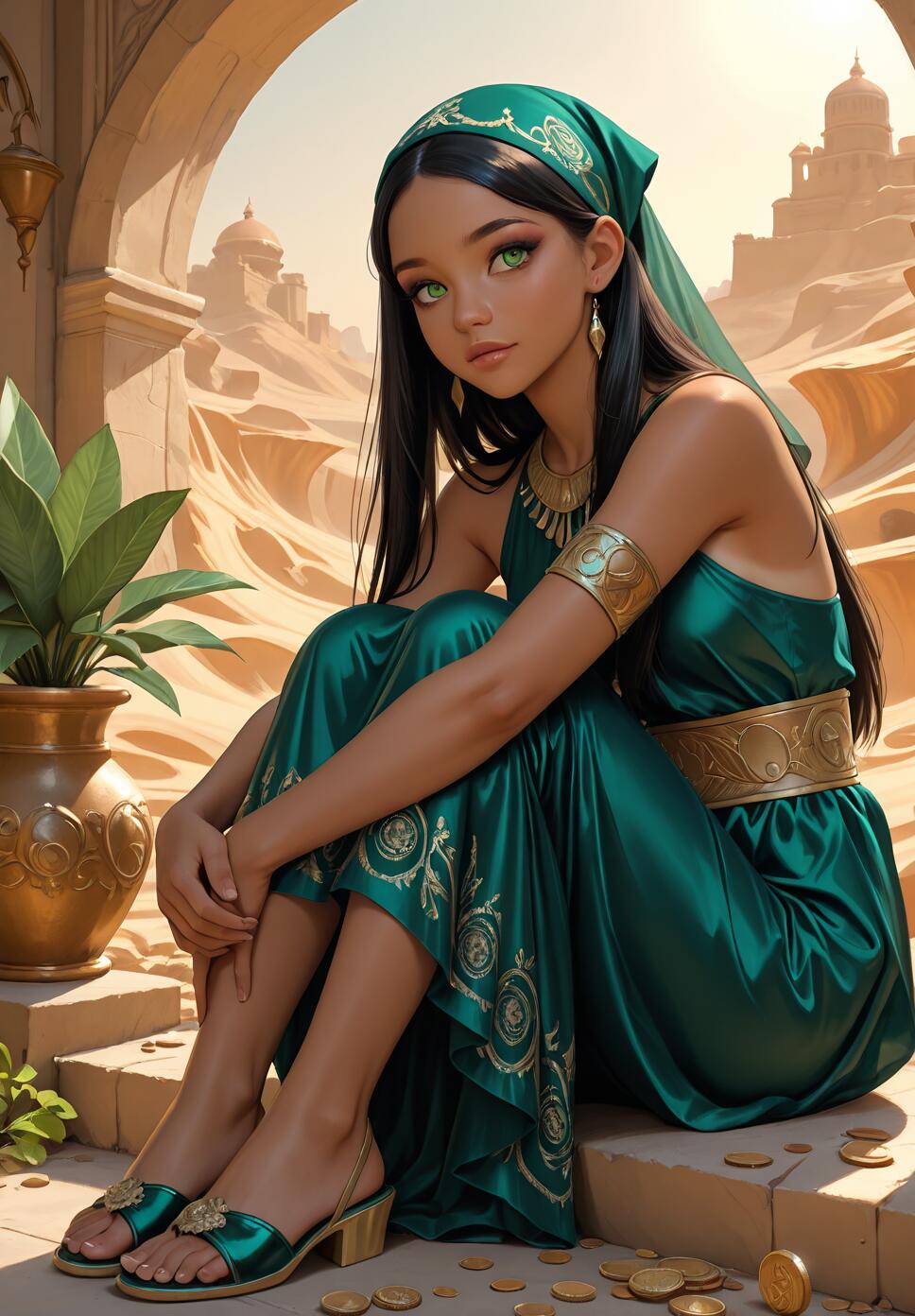 A digital illustration of a young woman with large green eyes and black hair, dressed as an Arabian princess in a flowing emerald green satin gown and headscarf. She sits on stone steps under an arch, looking at the viewer, with a desert city visible in the background and gold coins at her feet.