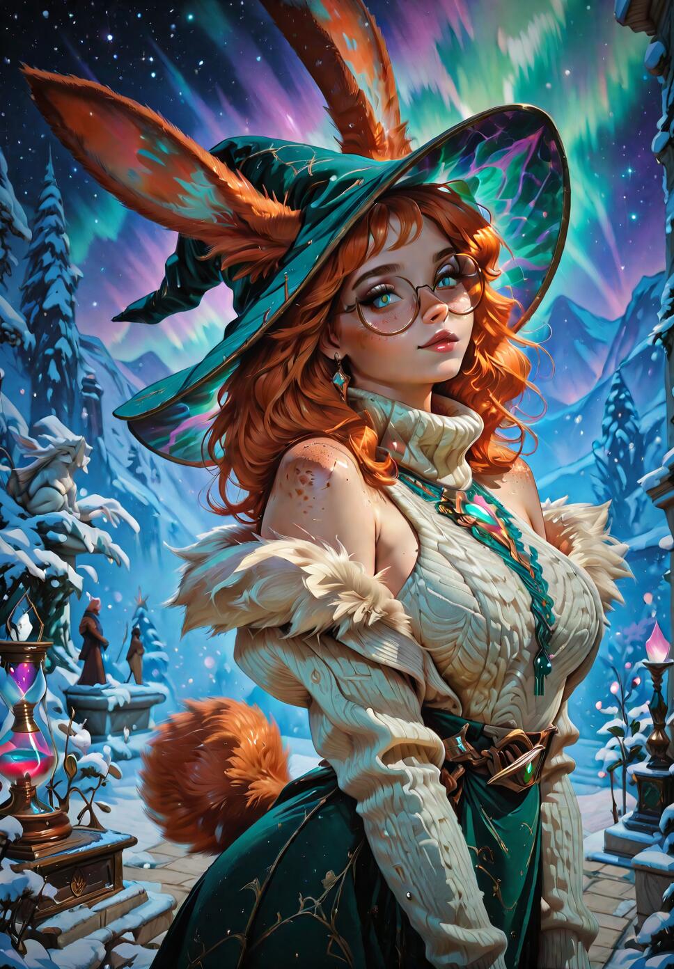 A digital illustration of Aurora from League of Legends, a beautiful red-haired witch with rabbit ears and glasses, posing in a magical, snowy landscape under the vibrant northern lights.