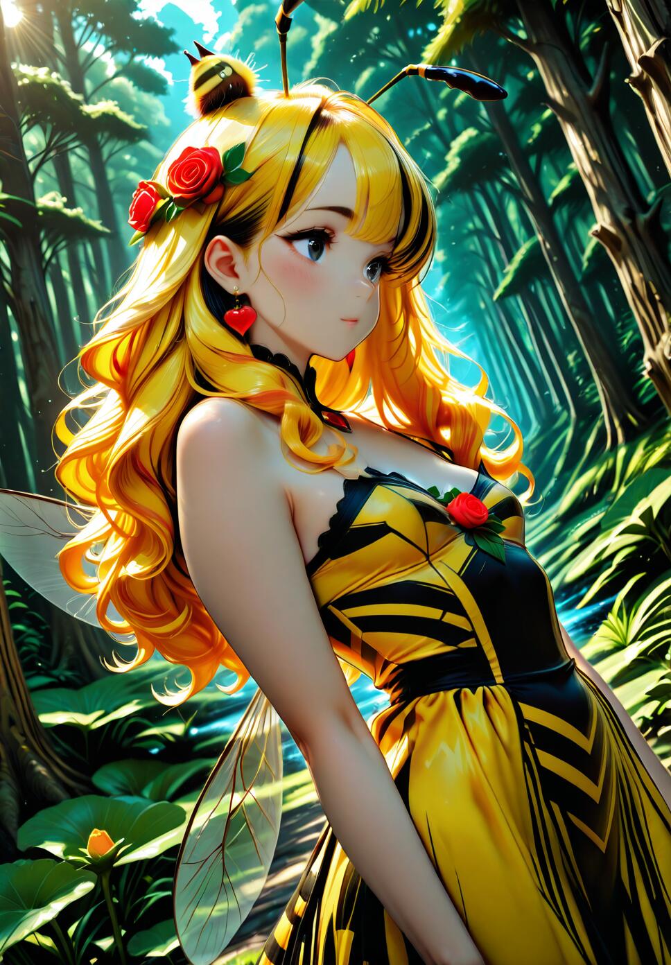 A beautiful anime girl with long blonde hair, dressed as a bee with a yellow and black dress, antennae, and translucent wings, stands in a lush green forest.