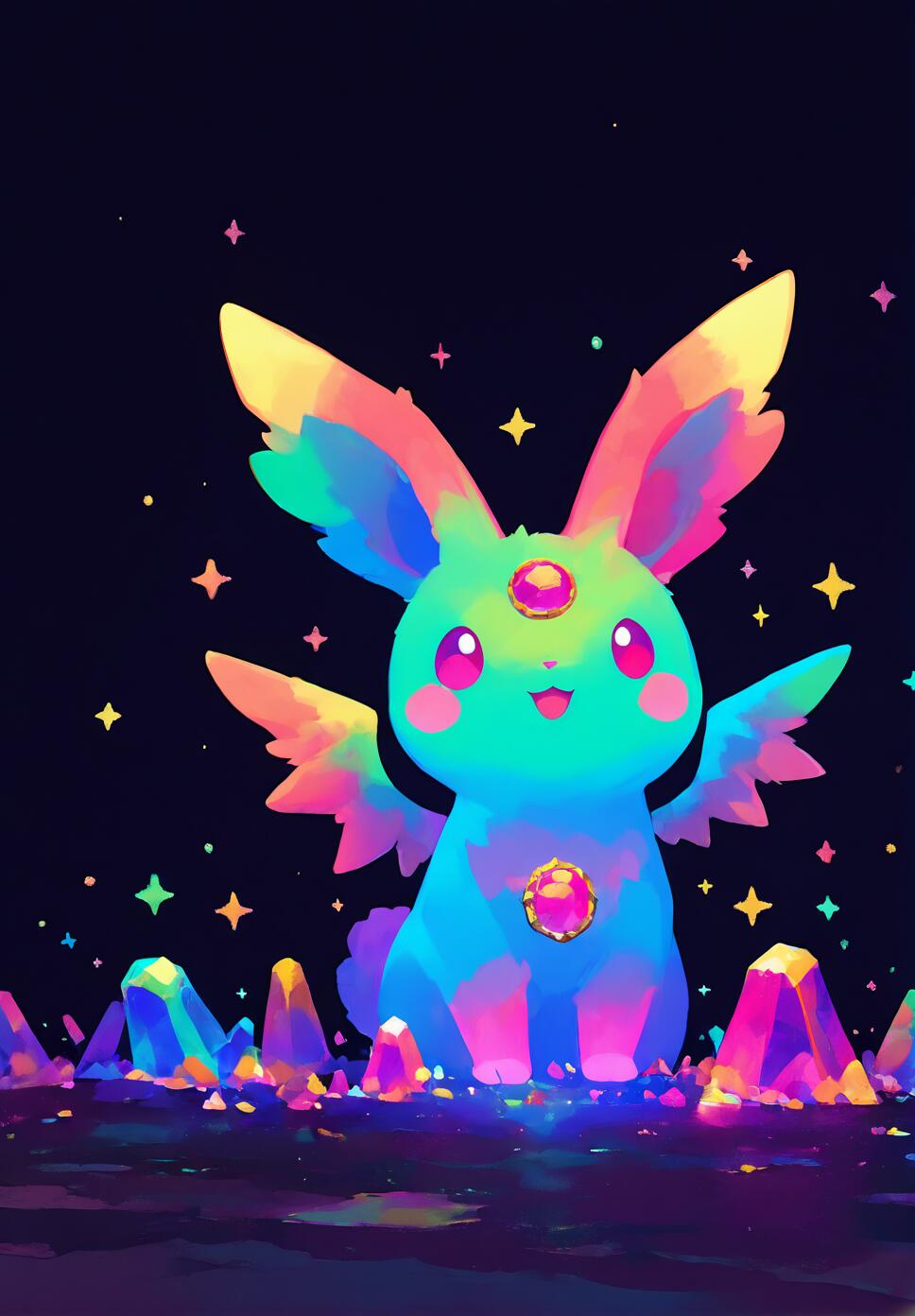 A cute, multicolored fantasy creature resembling a winged rabbit, identified as Carbuncle, sits among glowing rainbow crystals. It has a turquoise and pink body, a gemstone on its forehead, and a happy expression against a dark, starry background.
