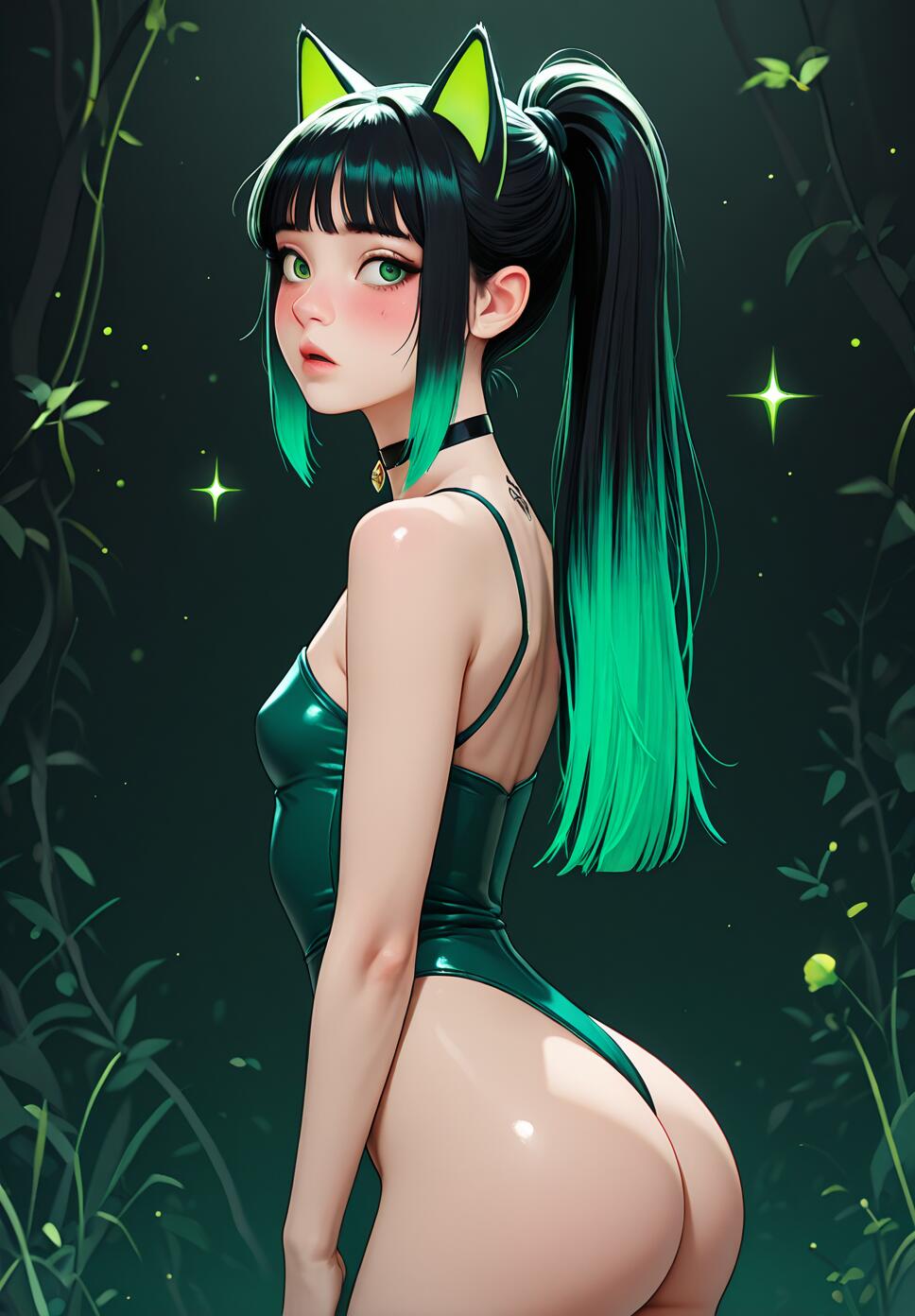 A young anime-style woman with black and neon green hair in a ponytail, wearing bright green cat ears, a green leotard, and a choker, stands in a dark green forest, looking over her shoulder.