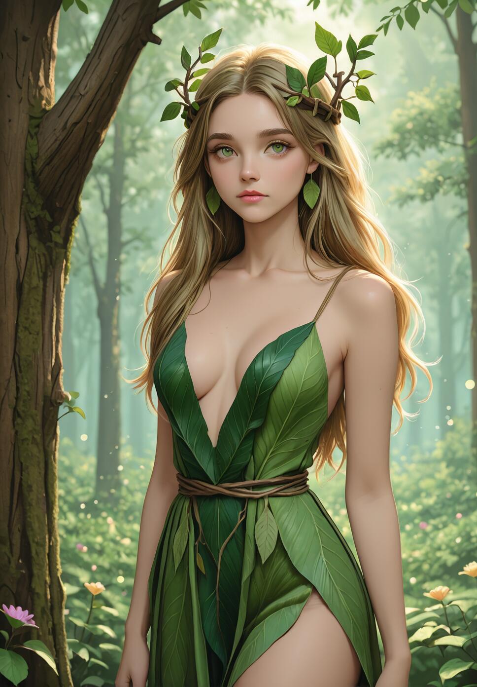 A three-quarter view digital illustration of a beautiful young woman with long blonde hair and green eyes, depicted as a dryad. She wears a crown of branches and a dress made of green leaves, standing in a magical forest.