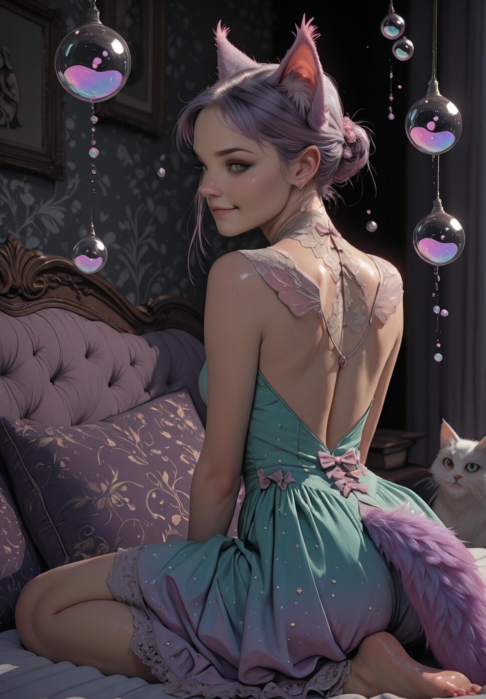 A digital illustration of a young woman with lavender hair, cat ears, and a fluffy purple tail sitting on a purple bed. She wears a teal and purple backless dress and has small wings on her back. Glowing orbs hang from the ceiling, and a white cat is visible on the right.