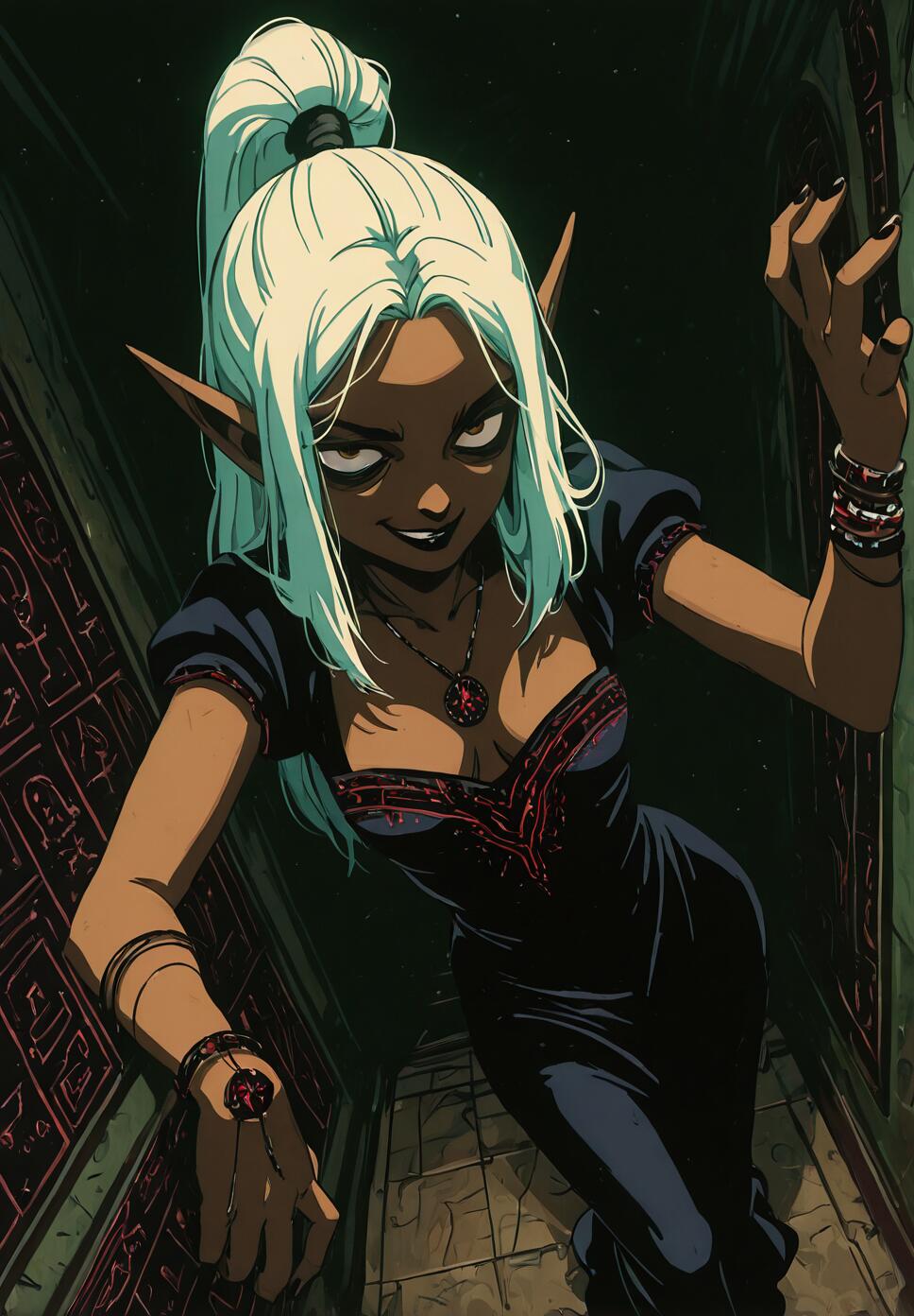 A dark-skinned elf with long white hair in a ponytail smirks mischievously as she stands in a dark, narrow hallway with red glowing glyphs on the walls.