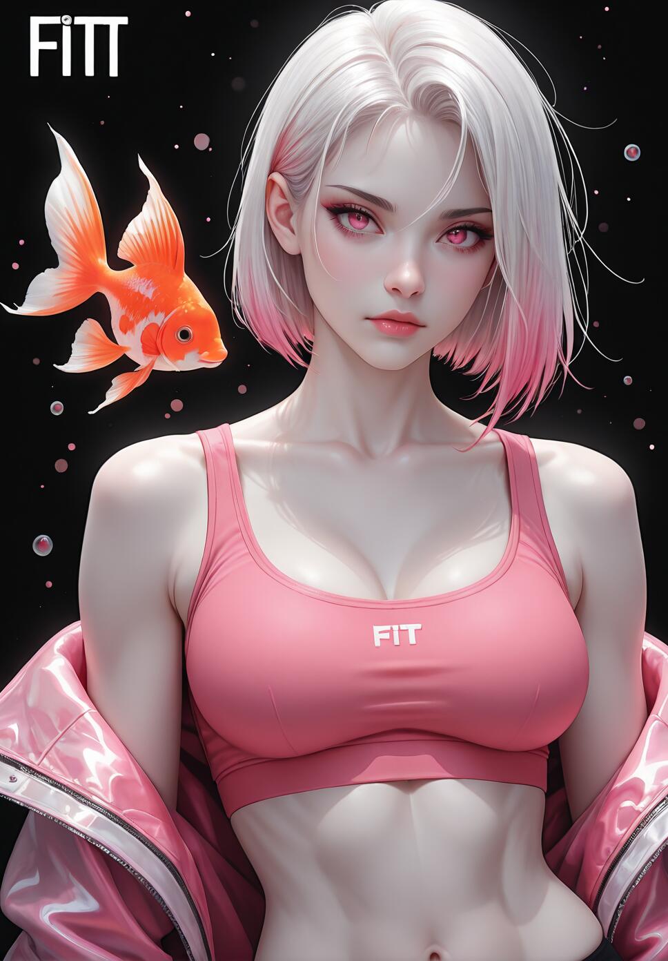 A portrait of a beautiful young woman with short white and pink hair and glowing pink eyes. She wears a pink sports bra and jacket and has a fit, athletic build. An orange goldfish floats next to her against a dark background.