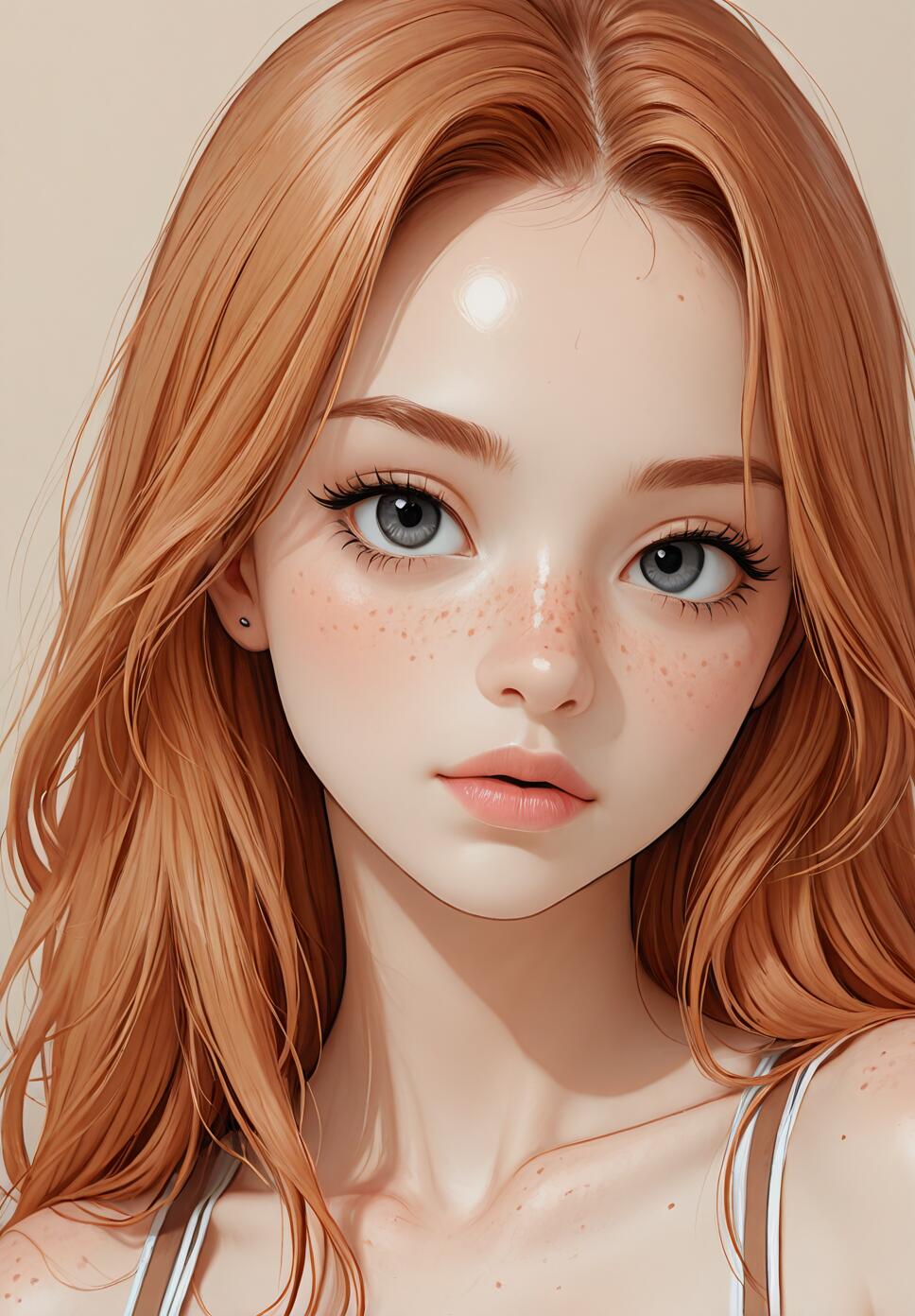 A close-up digital illustration of a young woman with long, flowing red hair, large grey eyes, and freckles on her face. She has a neutral, gentle expression and is looking towards the viewer against a plain, light-colored background.