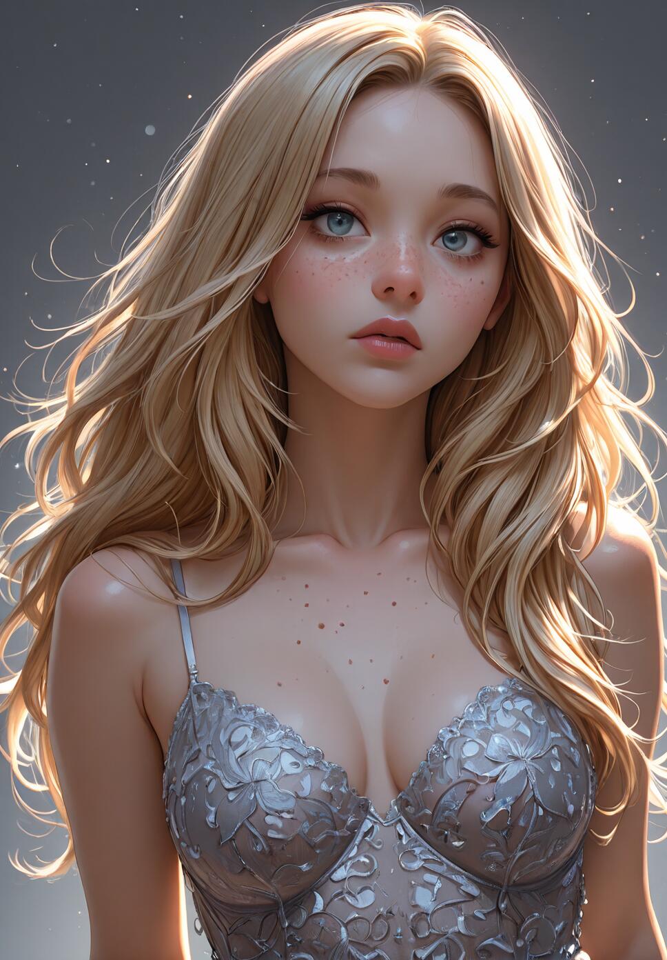 A digital illustration of a young woman with long, wavy blonde hair, large blue eyes, and freckles. She is wearing a detailed silver-grey lace bustier and looks thoughtfully at the viewer against a soft, sparkling grey background.