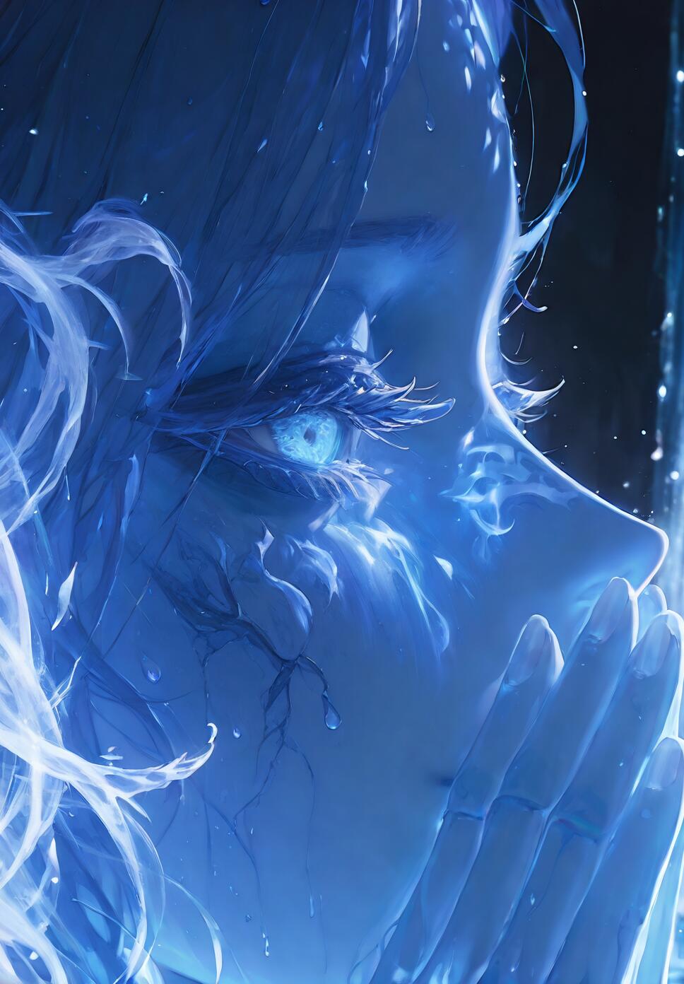 A close-up, side profile portrait of the video game character Ranni the Witch from Elden Ring. She has glowing blue skin and eyes, with her hands held up to her face in a contemplative pose, all rendered in a deep blue, watery art style.