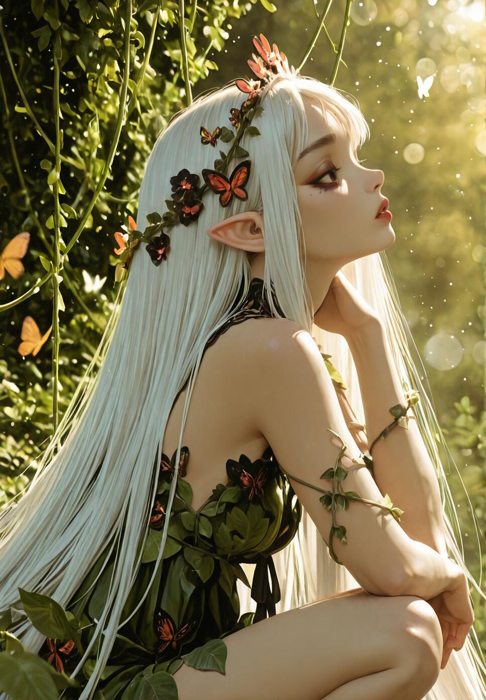 A side-profile view of a fantasy elf girl with very long white hair and pointed ears, crouching in a sunlit green forest. She wears a dress made of leaves and a hair ornament with butterflies.