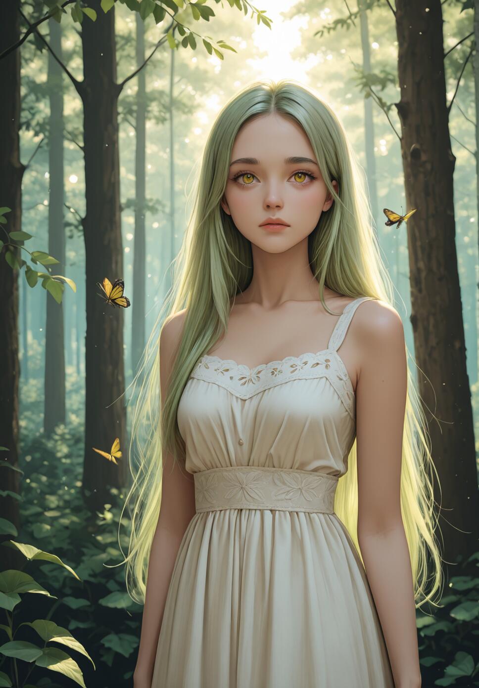 A young woman with long, light green hair and golden eyes stands in a sunny forest. She wears a simple cream dress, and yellow butterflies fly around her among the tall trees.
