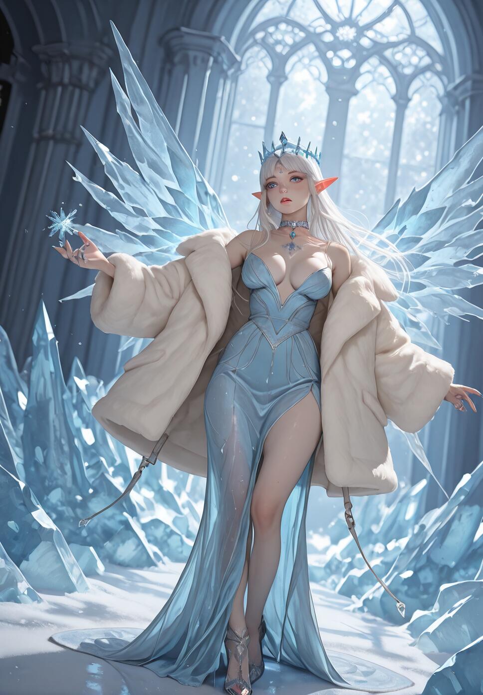 A full-length digital illustration of a beautiful elf queen with long white hair, ice wings, and pointed ears. She is wearing an elegant blue dress, a white fur coat, and an ice crown, standing inside a magnificent ice palace and holding a magical snowflake.