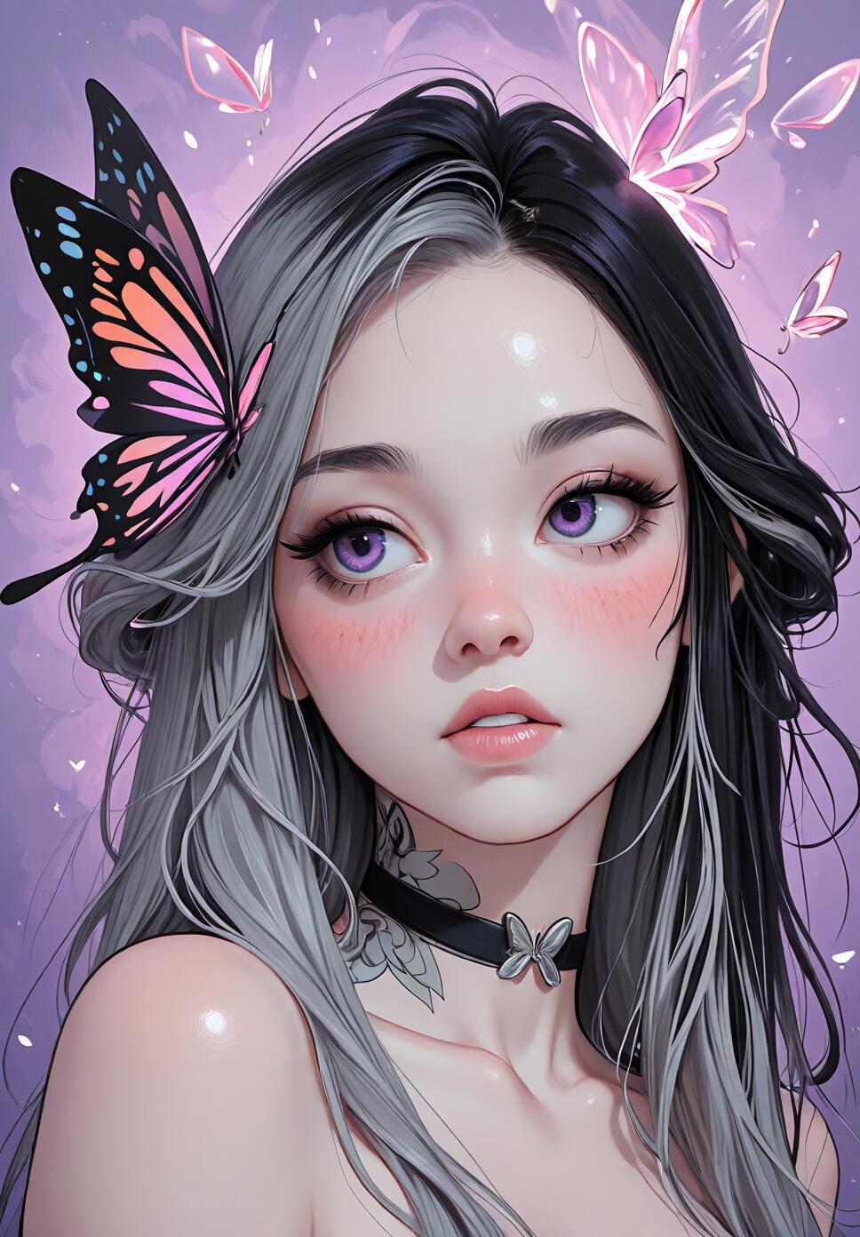 A close-up portrait of a beautiful fantasy girl with black and silver split hair and vibrant purple eyes. A large, colorful butterfly is perched by her temple, and she wears a black choker with a butterfly pendant against a magical purple background.