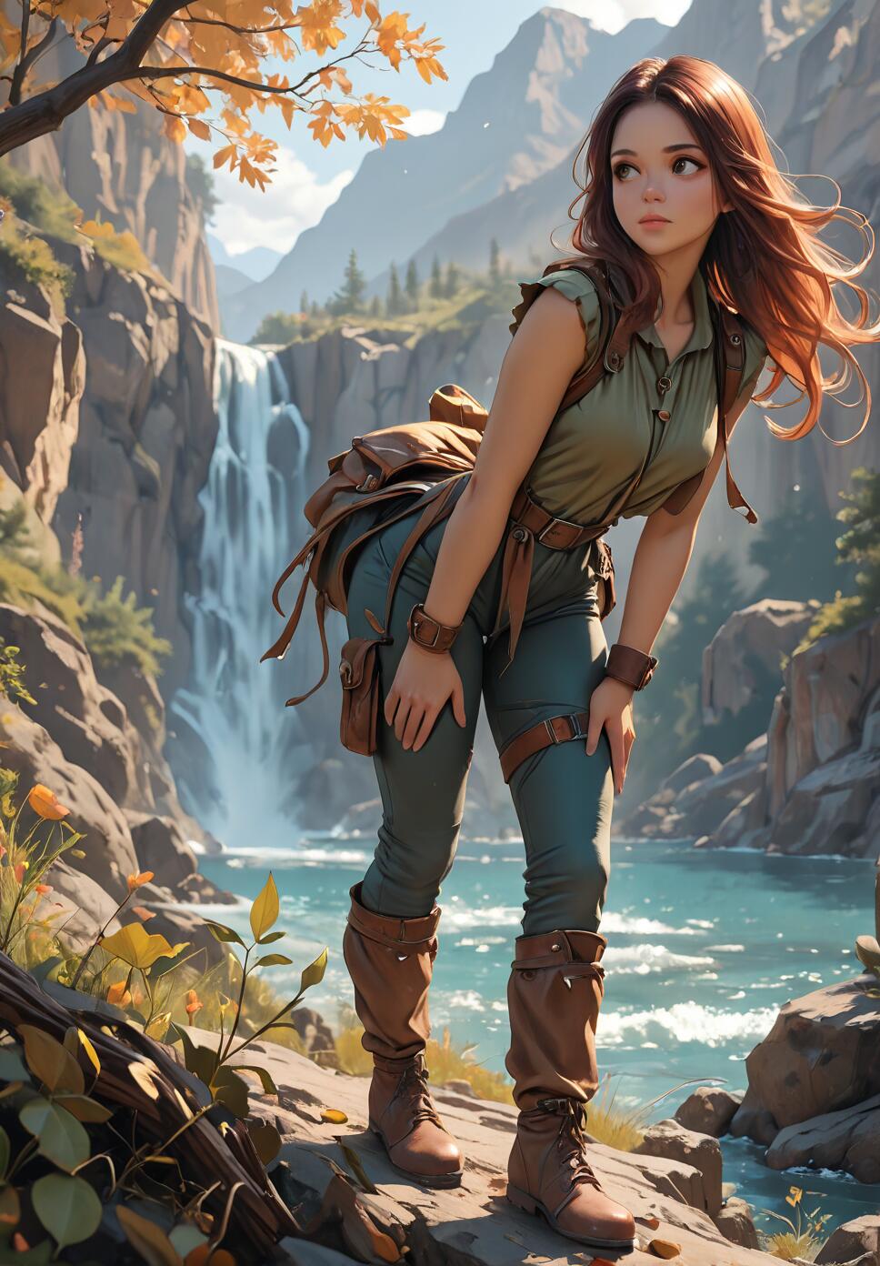 An anime-style illustration of a young female adventurer with red hair, wearing a green outfit and a backpack, standing on a rocky shore in front of a large waterfall and mountains.