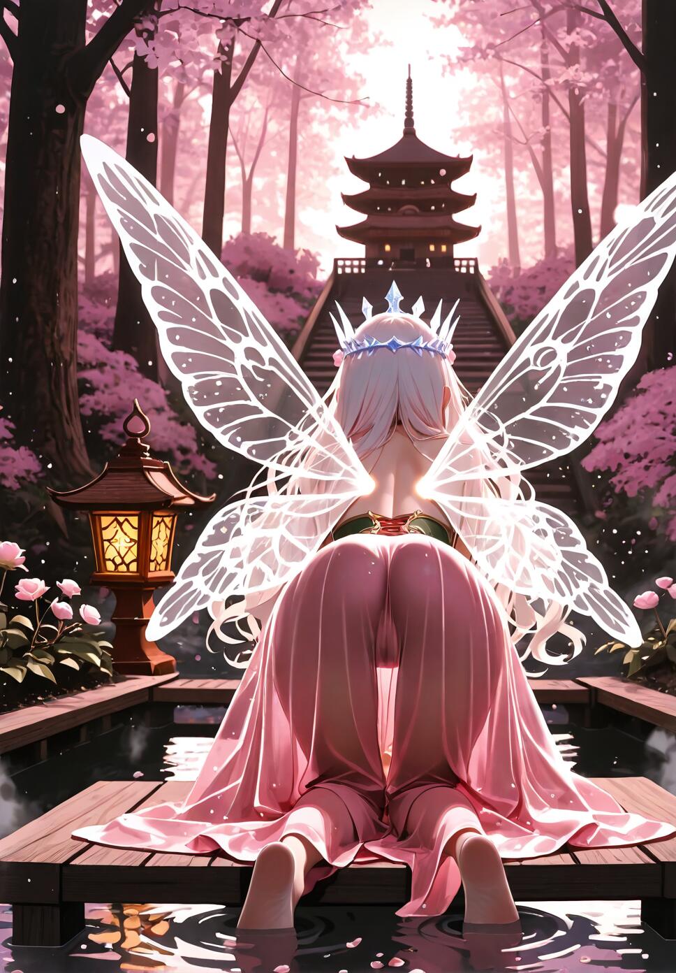 A white-haired fairy queen with large, glowing wings, seen from behind, kneels on a wooden deck overlooking a tranquil pool in a forest of pink cherry blossoms with a pagoda in the background.