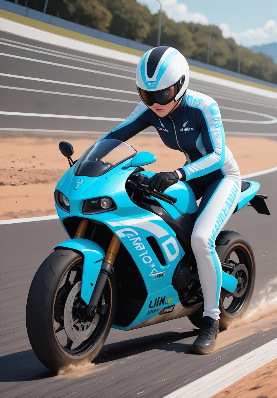 A woman in a blue and white helmet and matching racing suit rides a bright blue sport motorcycle at speed on a racetrack.