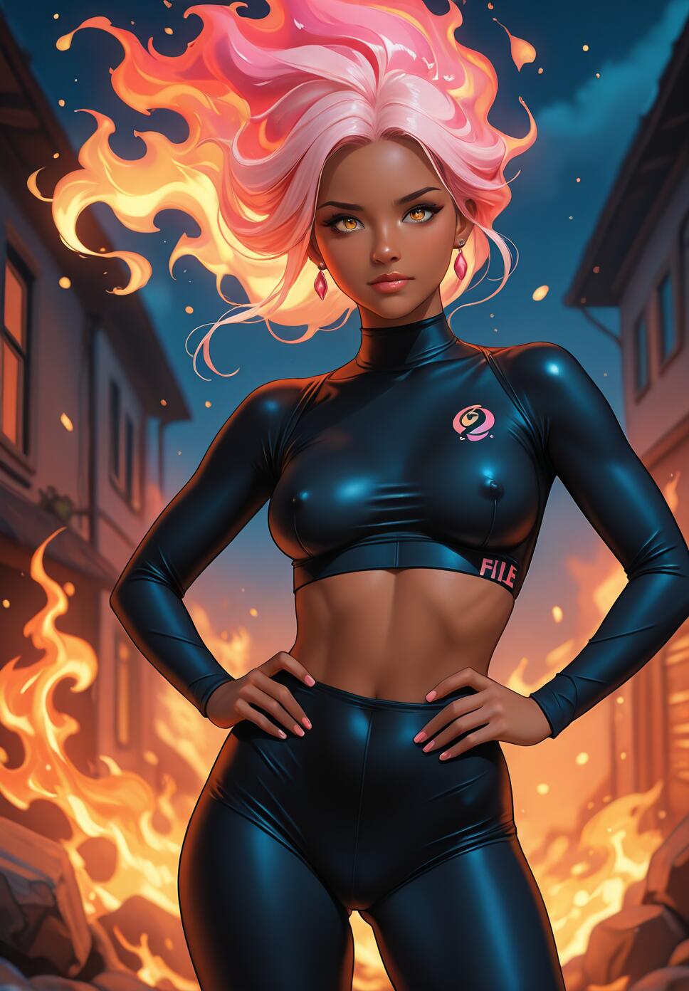 A digital illustration of a dark-skinned woman with long, flaming pink hair and yellow eyes. She wears a black athletic crop top and leggings, standing confidently with hands on her hips on a street surrounded by fire.