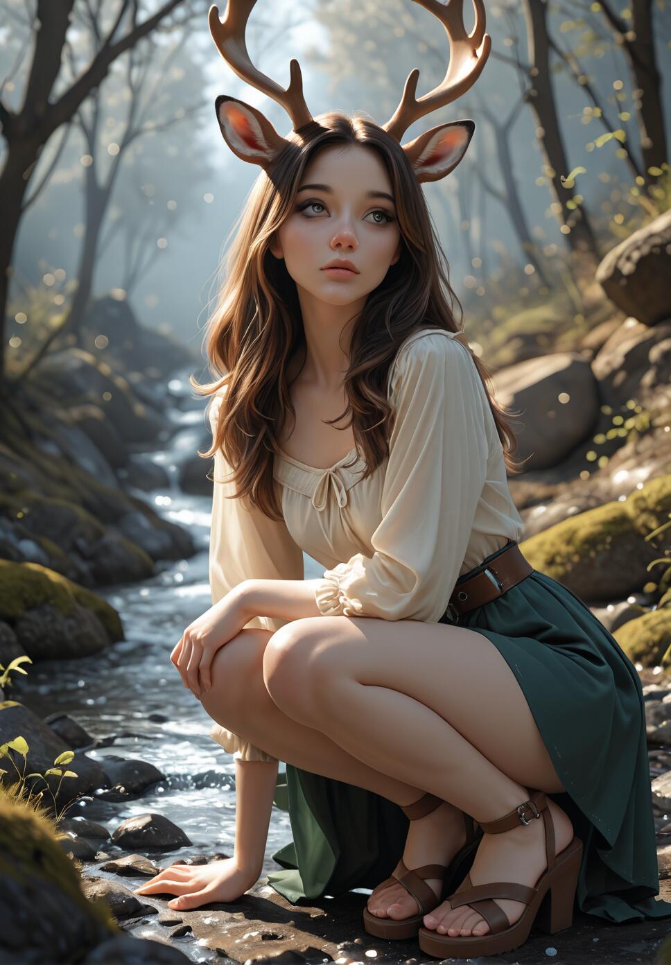 A full-body portrait of a beautiful young woman with deer antlers and ears, crouching by a stream in a sunlit forest. She is wearing a cream blouse, a green skirt, and brown heeled sandals.