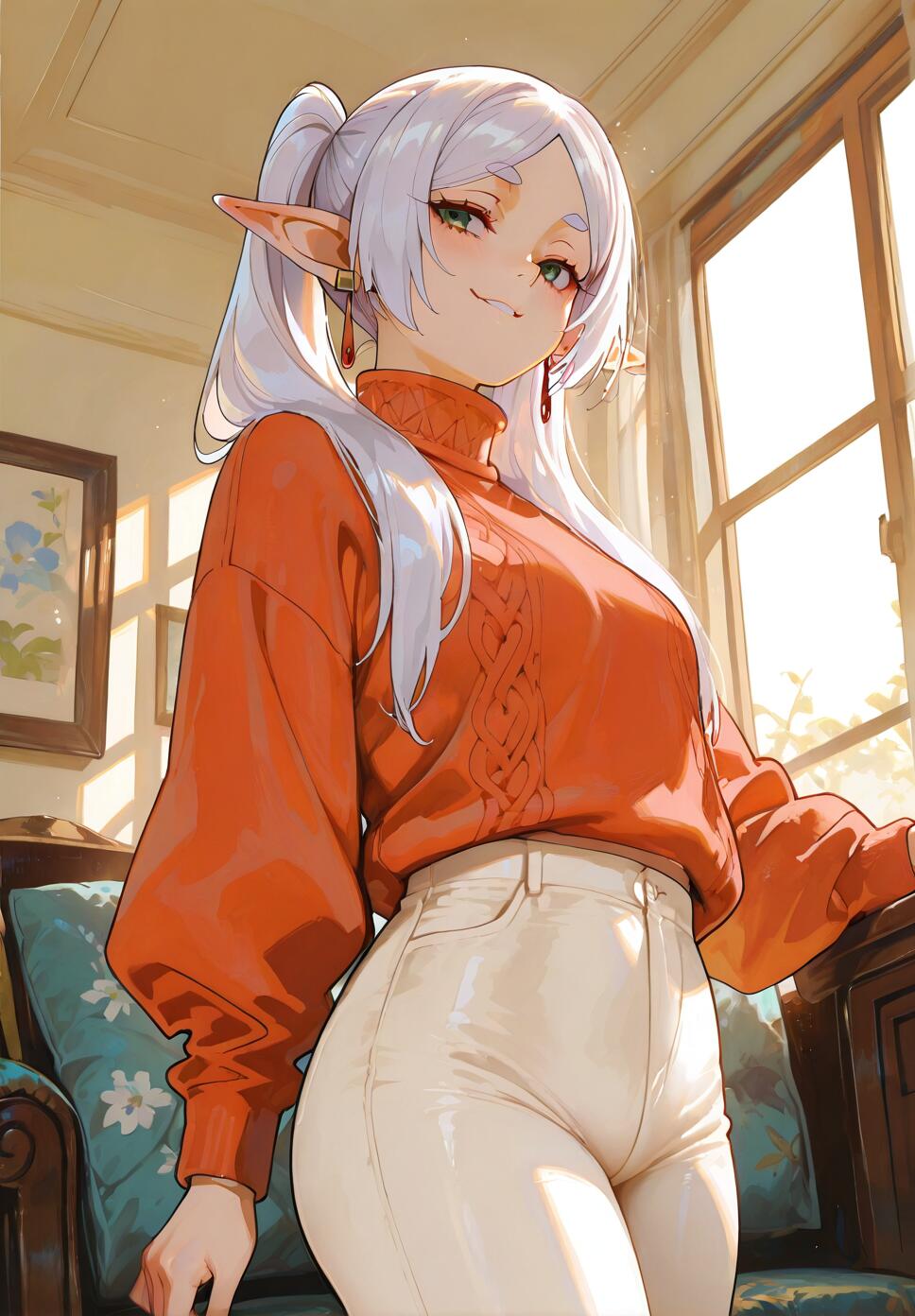 An illustration of the elf Frieren from 'Frieren: Beyond Journey's End', standing in a sunlit room. She has long white hair in pigtails, a smug expression, and is wearing a cozy orange turtleneck sweater and white pants.