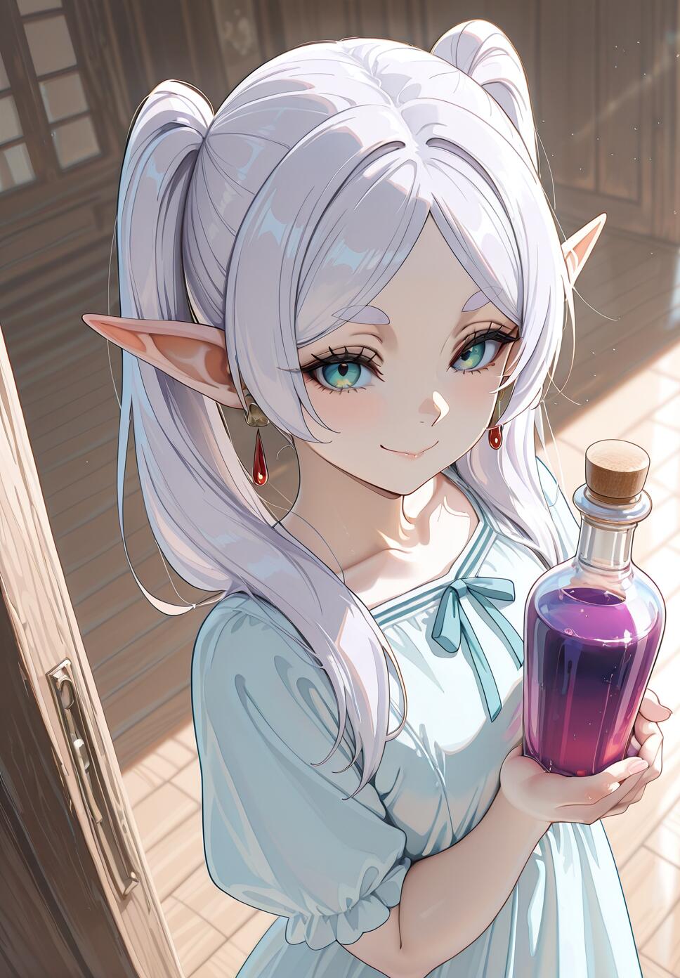 A close-up illustration of the elf Frieren from Frieren: Beyond Journey's End, smiling gently as she holds a glass bottle of purple potion in a sunlit room.