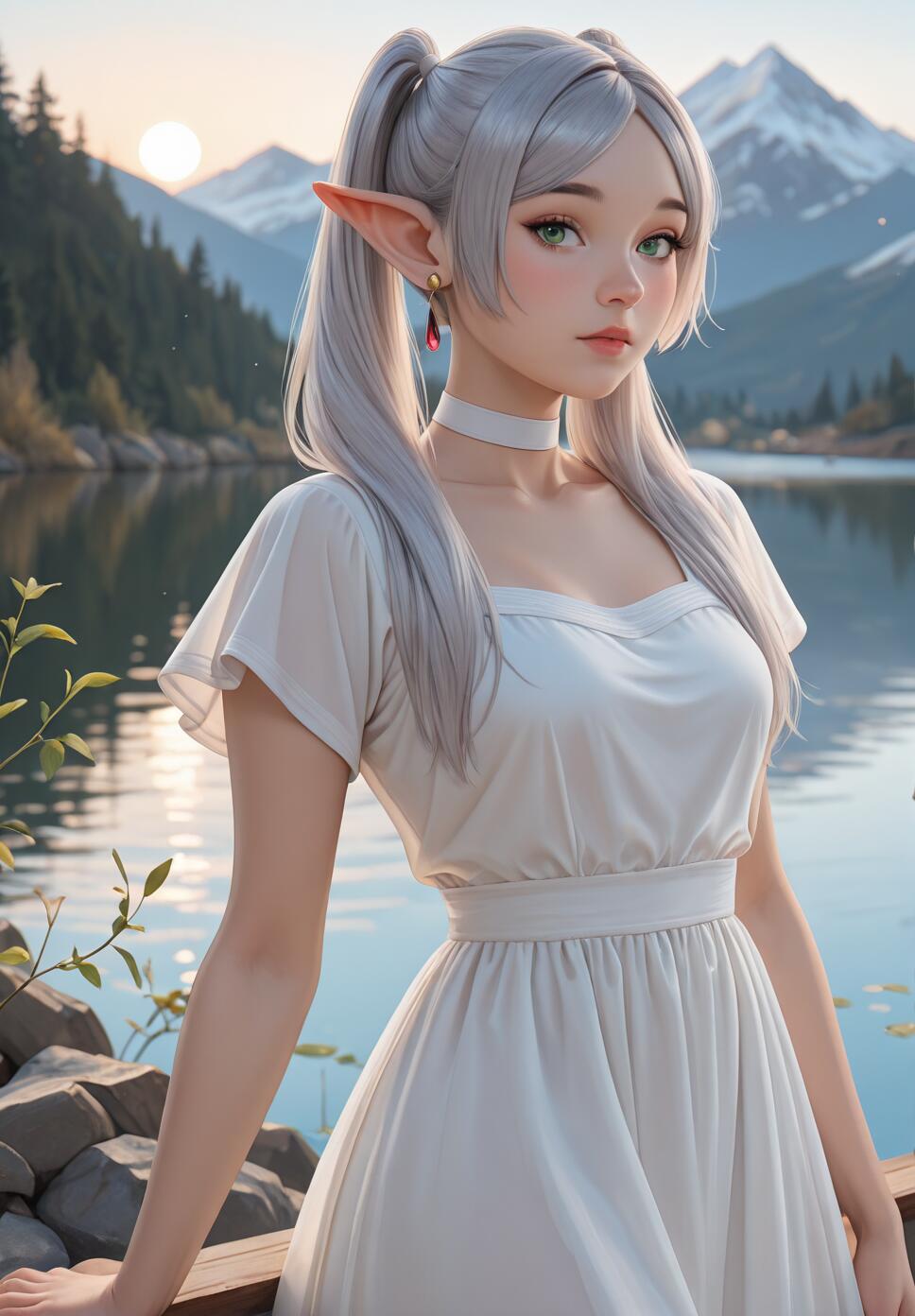 A beautiful illustration of the elf Frieren from Frieren: Beyond Journey's End. She has long white hair in pigtails, pointy ears, and green eyes, and is wearing a white dress and choker while standing by a scenic mountain lake.