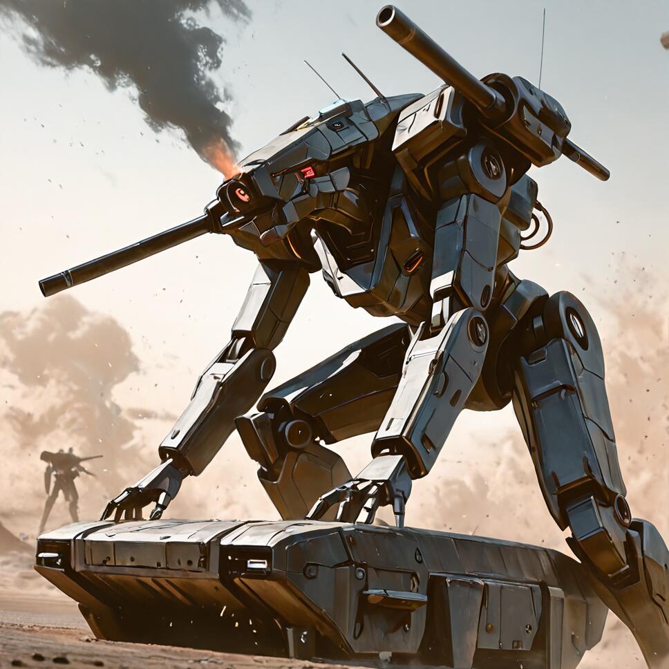 A dark, heavily armed mecha in a low combat stance in a desert, with smoke coming from one of its cannons and its hands on a large metal object. Another mecha is visible in the background.