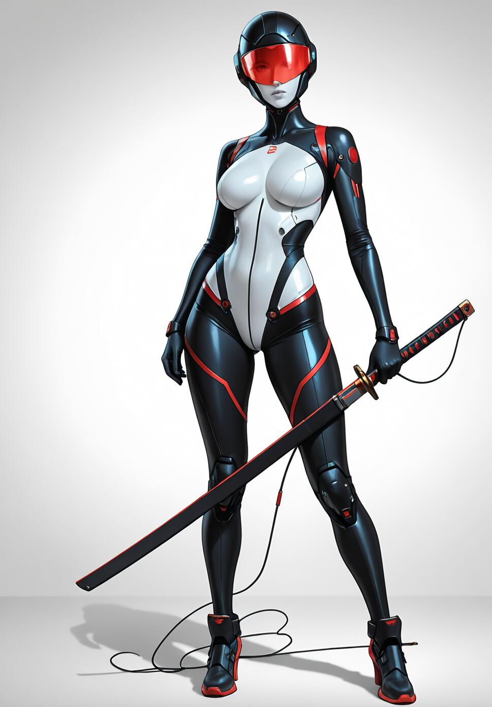 A female cyborg in a black, white, and red futuristic suit and helmet with a red visor, holding a katana while standing against a plain white background.