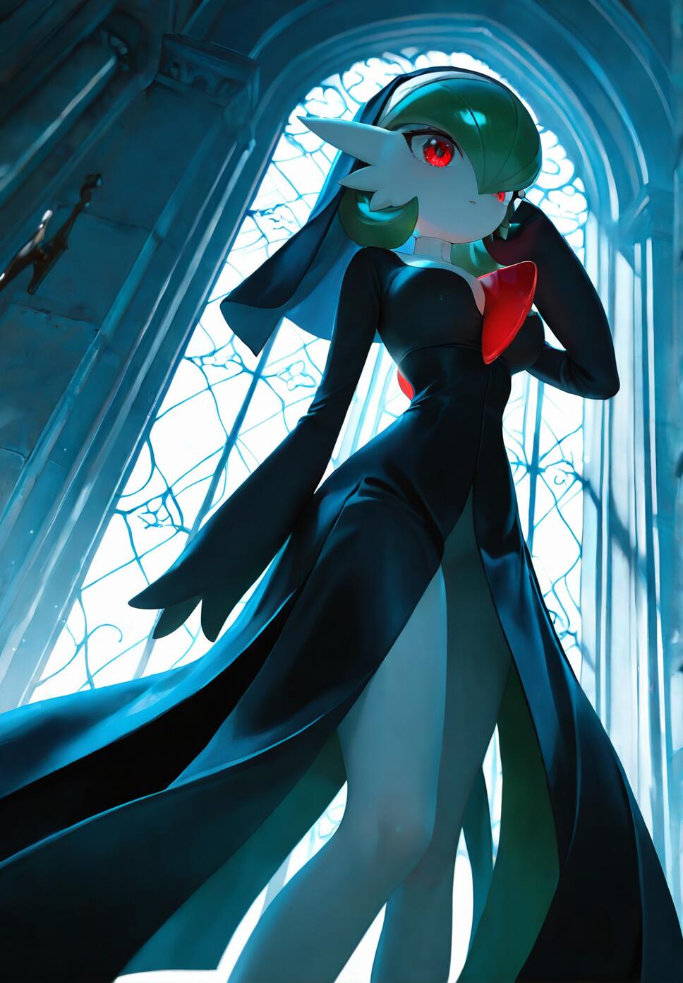 An artistic depiction of the Pokémon Gardevoir dressed as a nun in a long black habit, standing inside a dark gothic cathedral in front of a large, glowing blue window.