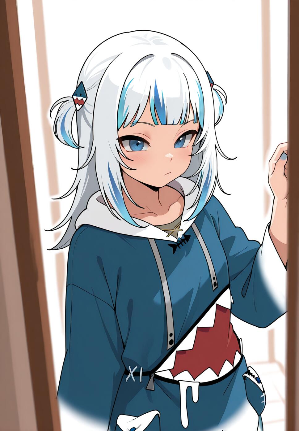 An anime-style illustration of Gawr Gura from Hololive. She has white hair with blue streaks, blue eyes, and is wearing her classic blue shark hoodie while looking through a doorway.