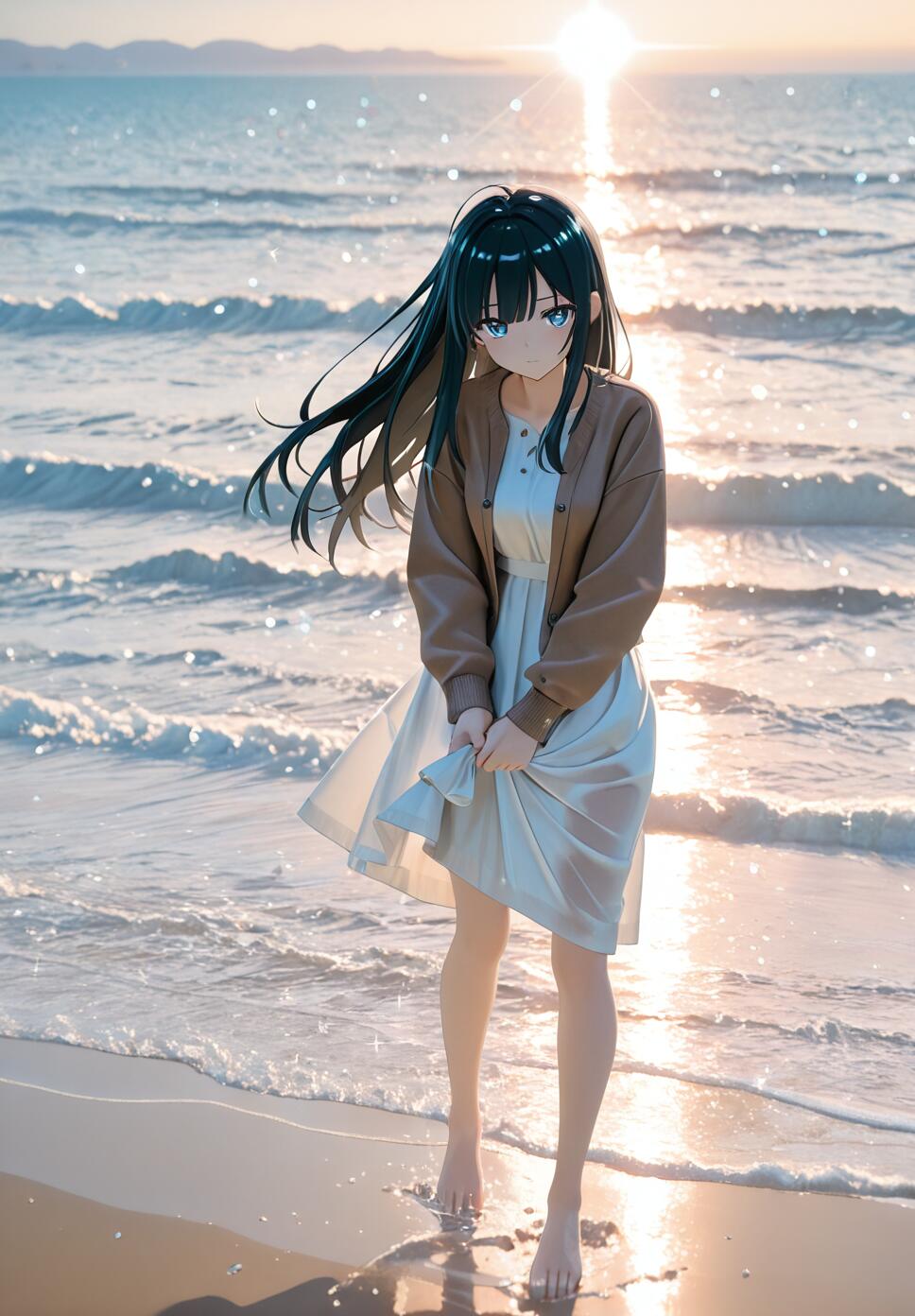 An anime-style girl with long black hair and blue eyes stands barefoot on a beach at sunrise. She wears a white dress and brown cardigan, looking at the viewer as waves wash over her feet and the sun glitters on the ocean.
