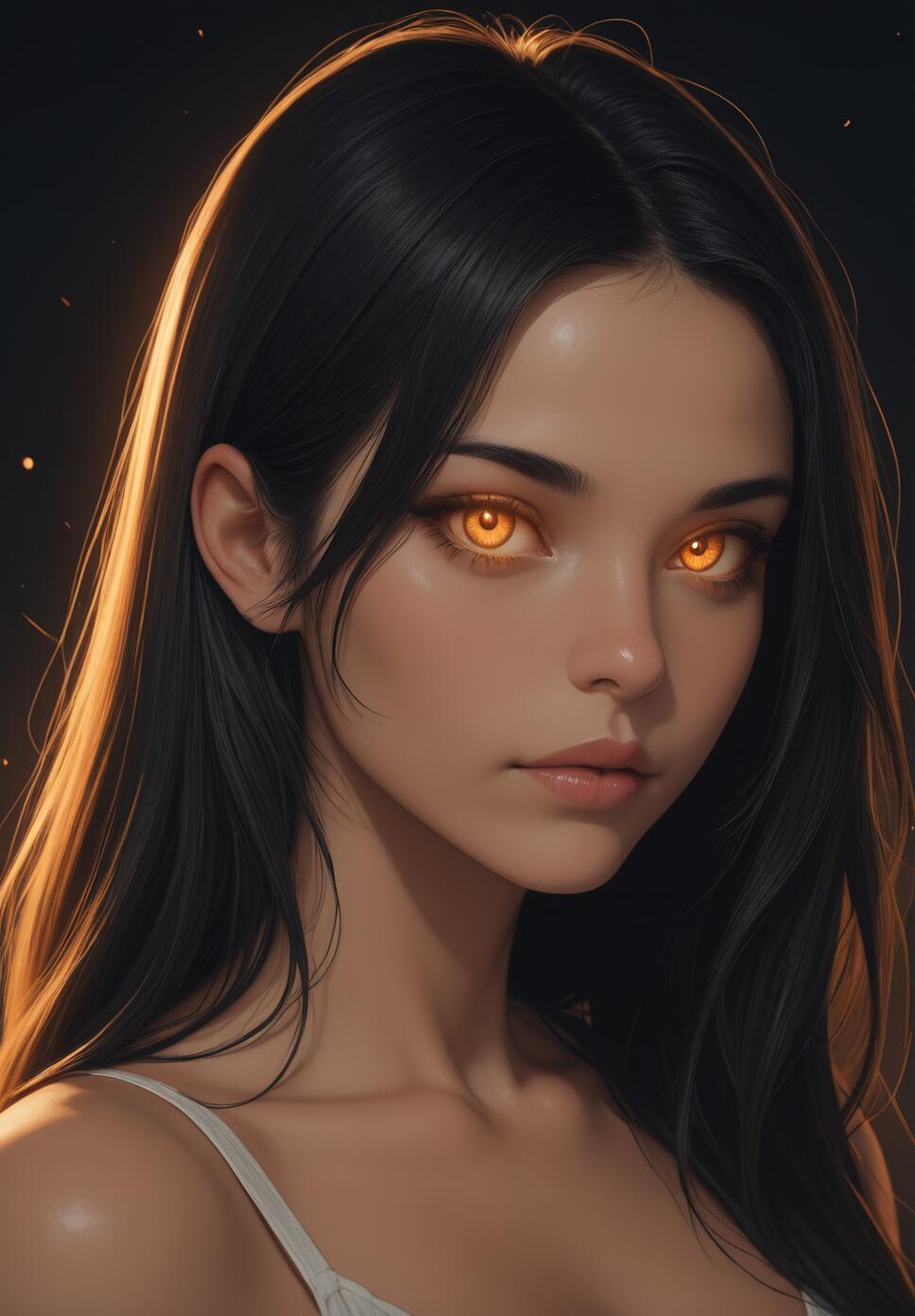 A close-up portrait of a young woman with long black hair and supernaturally glowing orange-gold eyes, looking directly at the viewer against a dark background with warm side lighting.