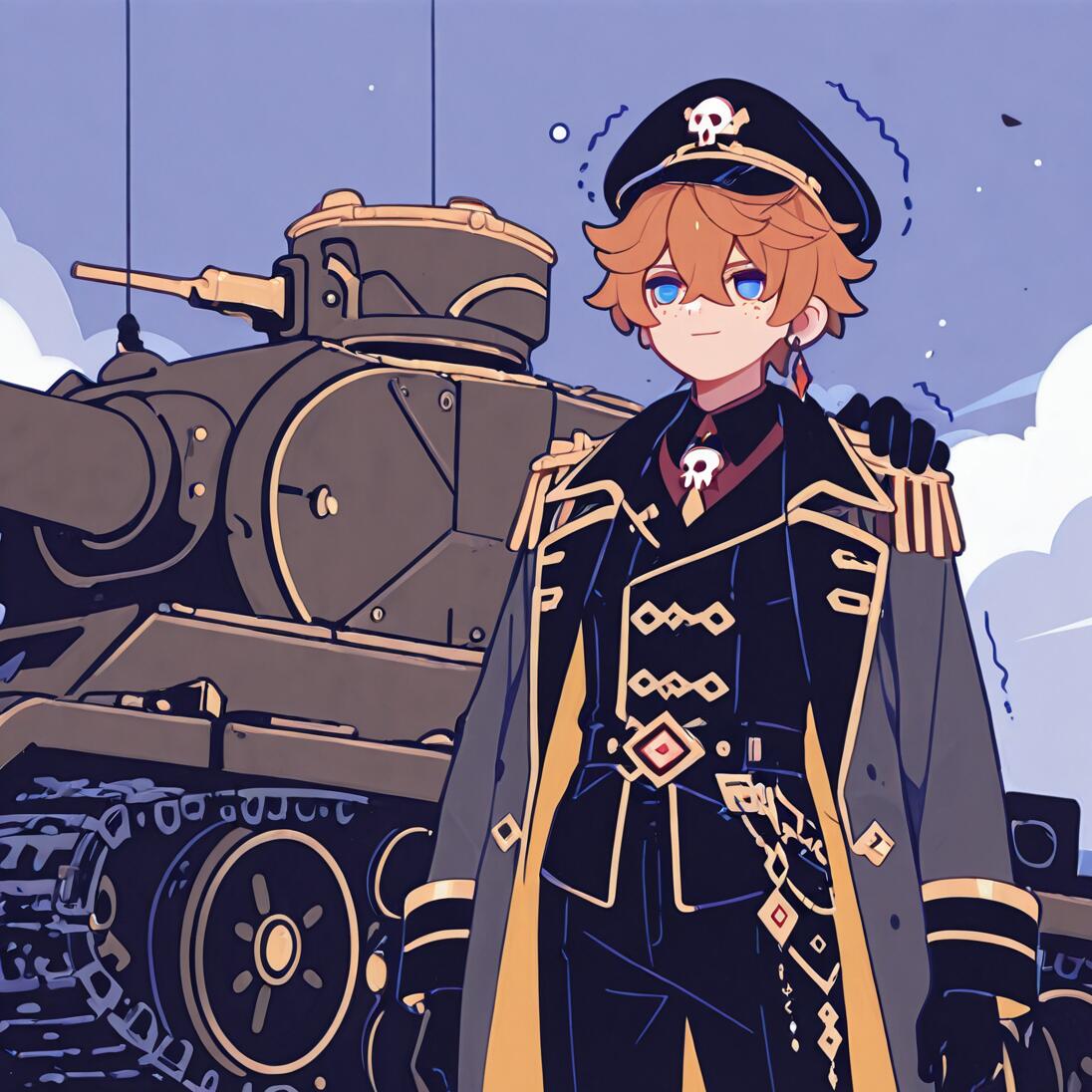 An anime-style illustration of Tartaglia from Genshin Impact. He has orange hair and is wearing a black and gold military commissar uniform with a skull-adorned cap, standing in front of a large tank.